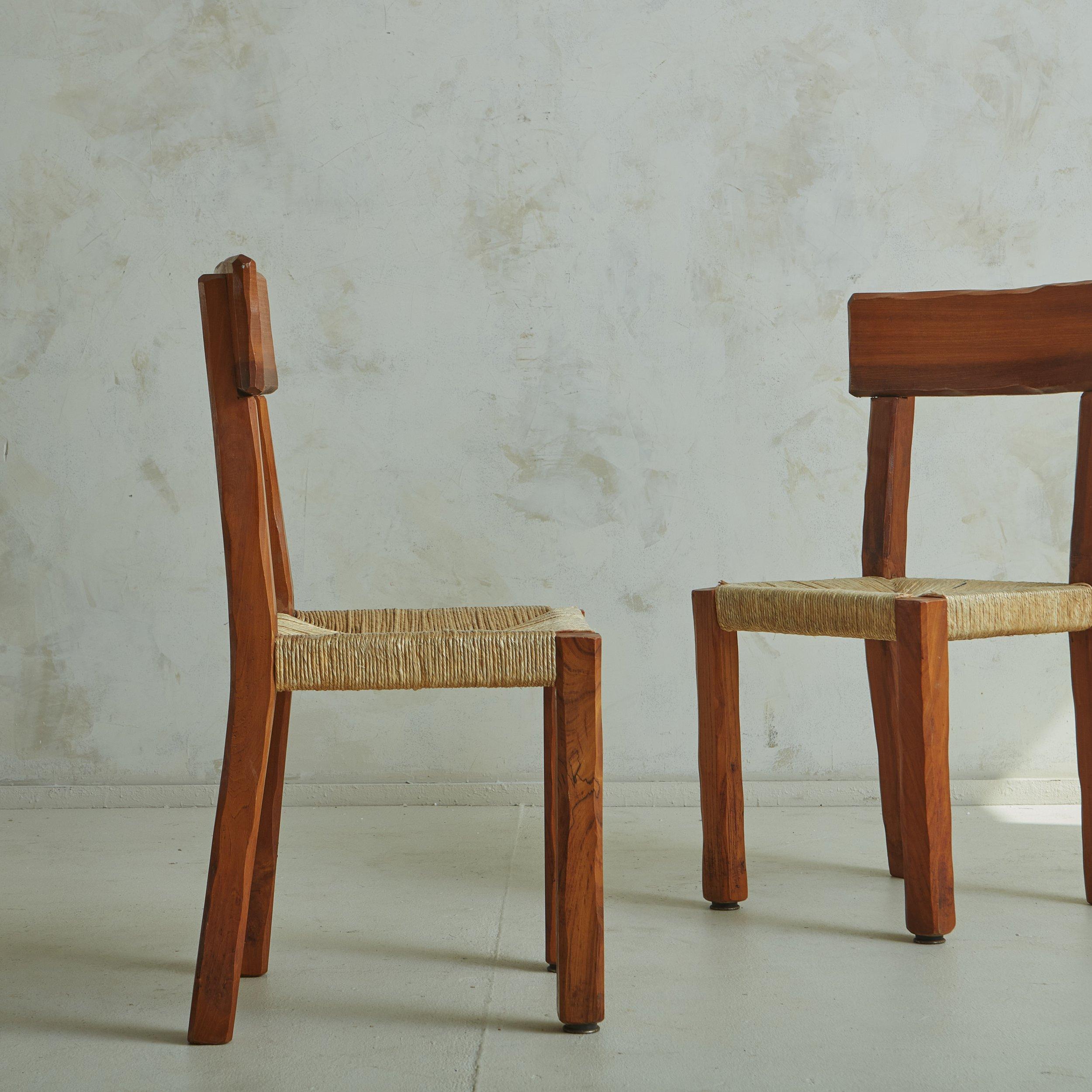 Set of 6 Wood + Rush Dining Chairs in the Style of Pierre Chapo, France 1970s In Good Condition For Sale In Chicago, IL