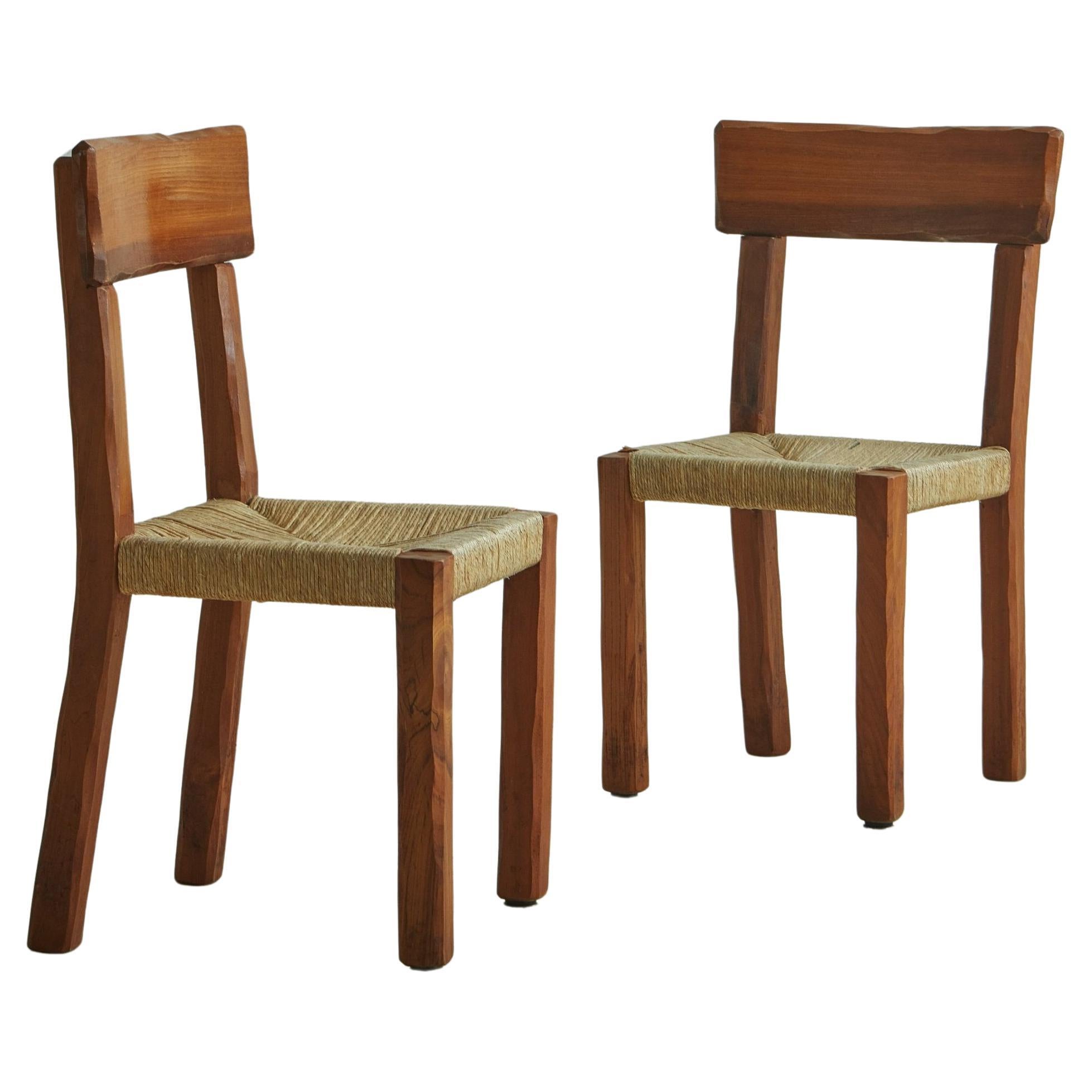 Set of 6 Wood + Rush Dining Chairs in the Style of Pierre Chapo, France 1970s For Sale