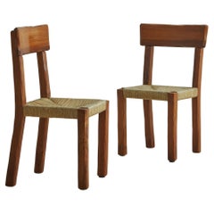 Satz von 6 Esszimmerstühlen aus Holz + Binsen im Stil von Pierre Chapo, Frankreich 1970er Jahre