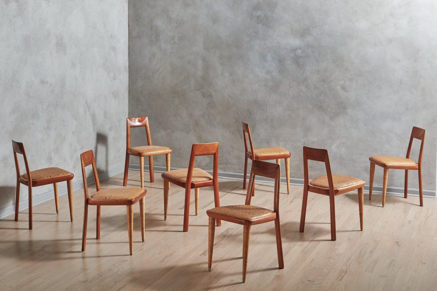 Mid-Century Modern Set of 6 Wood + Woven Leather Dining Chairs by Pierantonio Bonacina, Italy 1970s For Sale