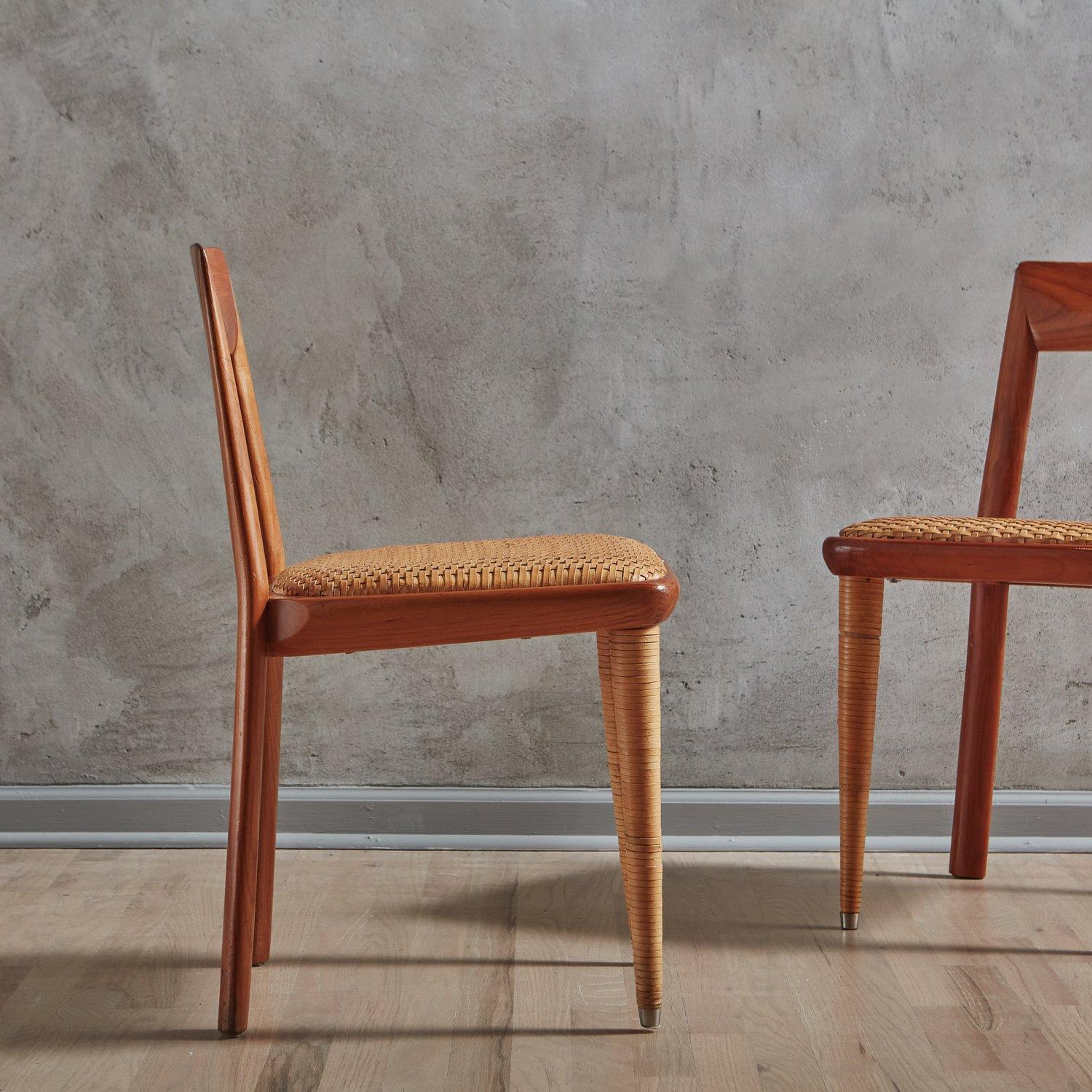 Set of 6 Wood + Woven Leather Dining Chairs by Pierantonio Bonacina, Italy 1970s In Good Condition For Sale In Chicago, IL