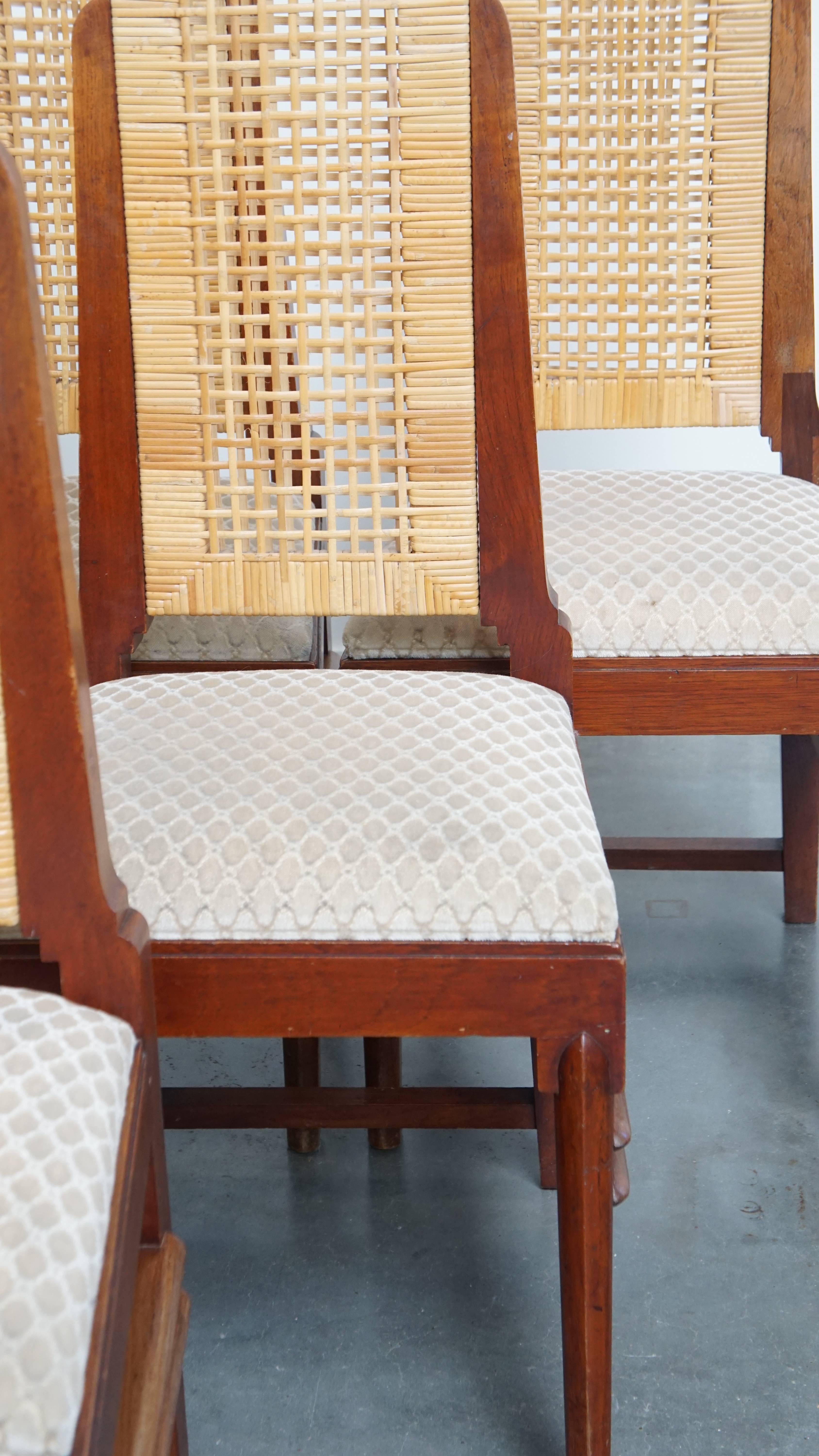 Set di 6 sedie da pranzo in legno dal design Art Déco con seduta e schienale in vimini in vendita 3