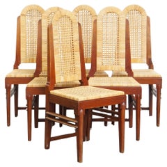 Set of 6 wooden Art Deco design dining chairs with a wicker seat and back