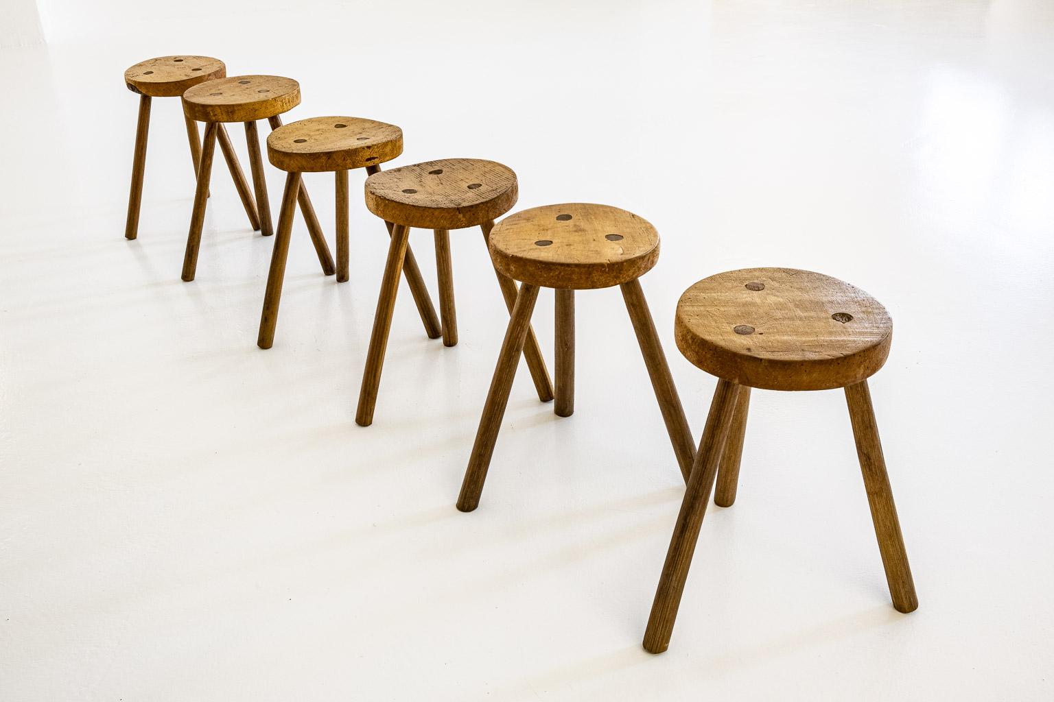Set of 6, Wooden, Brutalist Tripod Stools or Side Tables, Italy, ca. 1960s For Sale 6