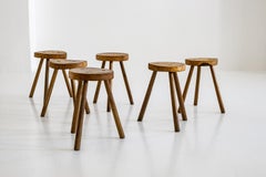 Set of 6, Wooden, Brutalist Tripod Stools or Side Tables, Italy, ca. 1960s