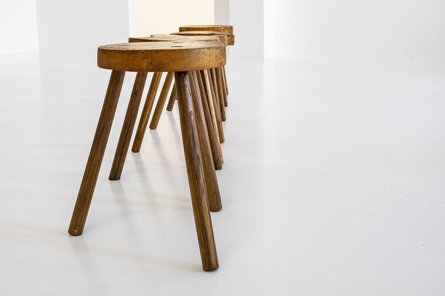 Set of 6, Wooden, Brutalist Tripod Stools or Side Tables, Italy, ca. 1960s For Sale 4