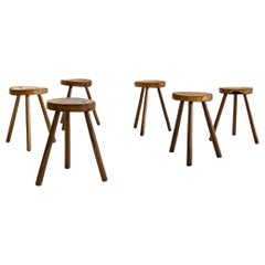 Set of 6, Wooden, Brutalist Tripod Stools or Side Tables, Italy, ca. 1960s