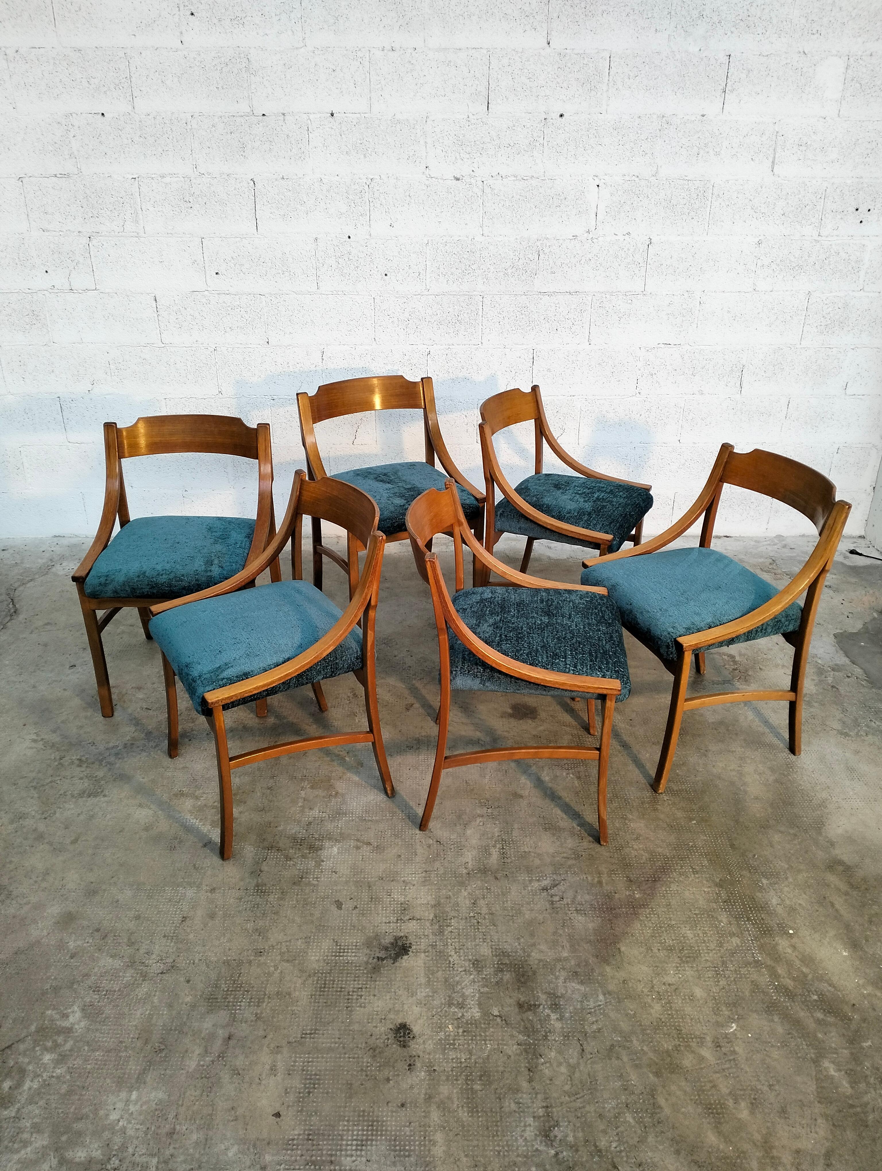 Fabric Set of 6 Wooden Dining Chairs in the Style of Ico Parisi for Cassina, 1970s  For Sale