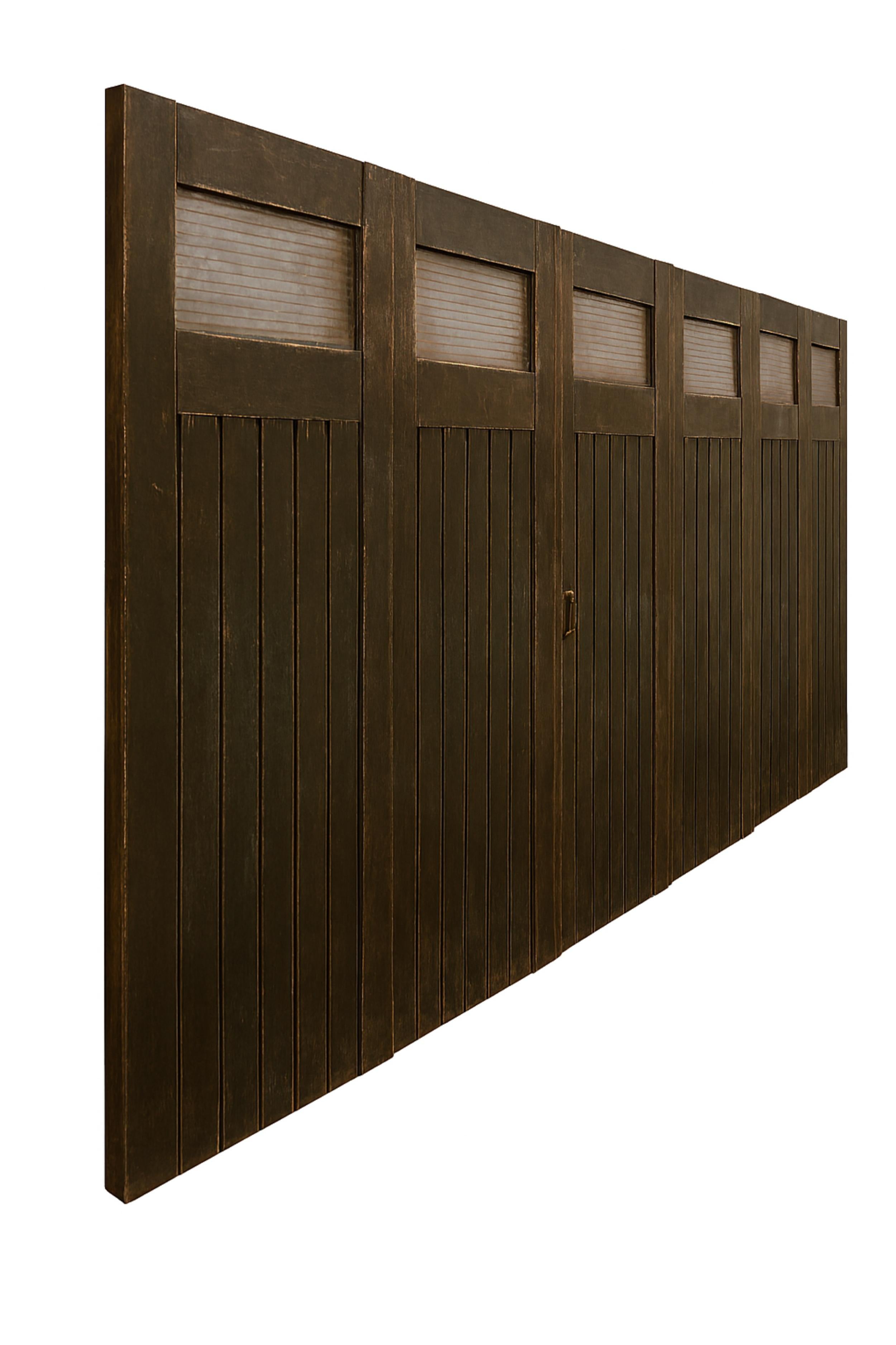Set of 6 tall  doors from with original finish. These doors would be perfect on rails or mounted in an entrance or decor pieces. The appropriate hardware would have to be added.