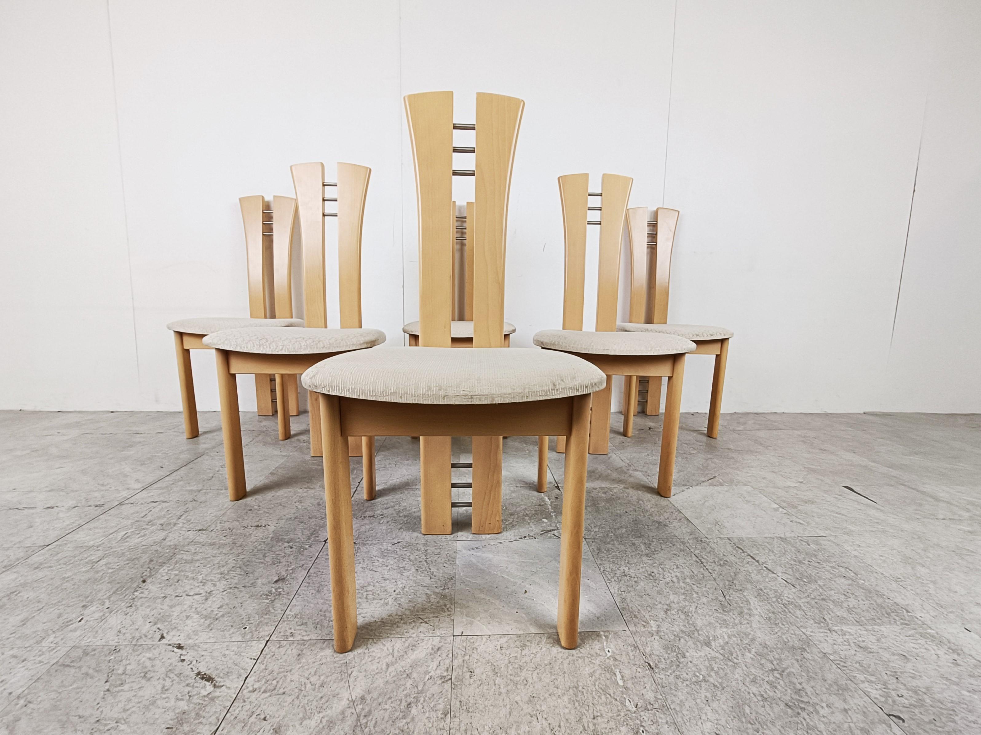 Post-Modern Set of 6 Wooden High Back Dining Chairs, 1990s For Sale