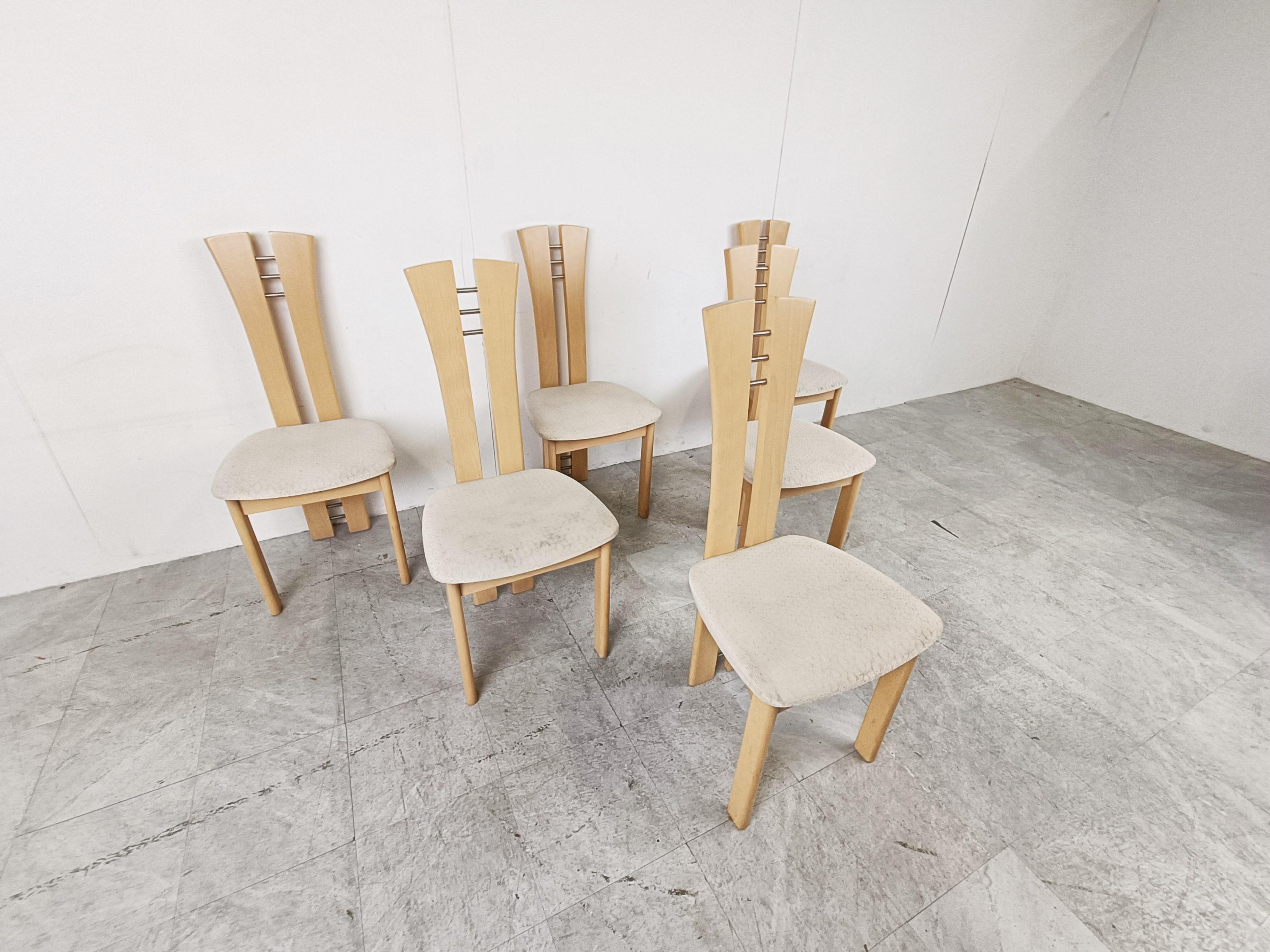 Post-Modern Set of 6 Wooden High Back Dining Chairs, 1990s For Sale