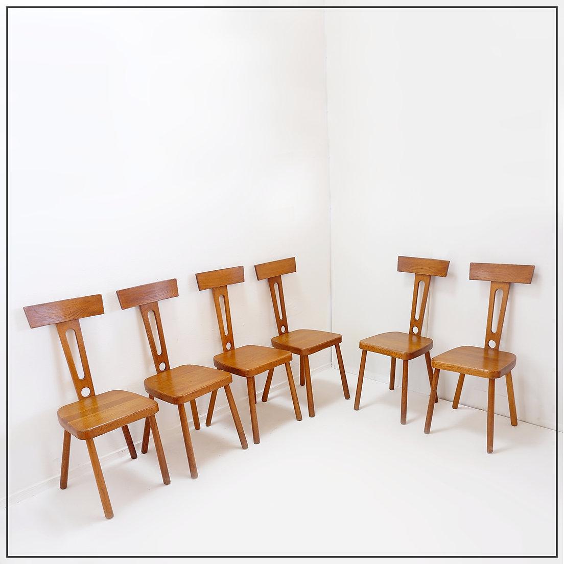 Legno Set di 6 sedie da pranzo con schienale a T in legno - Anni '60 in vendita