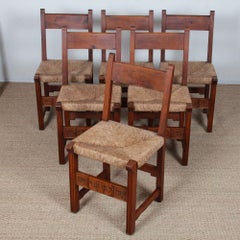 Set of 6 wooden wicker chairs, French craftsmanship, 1950