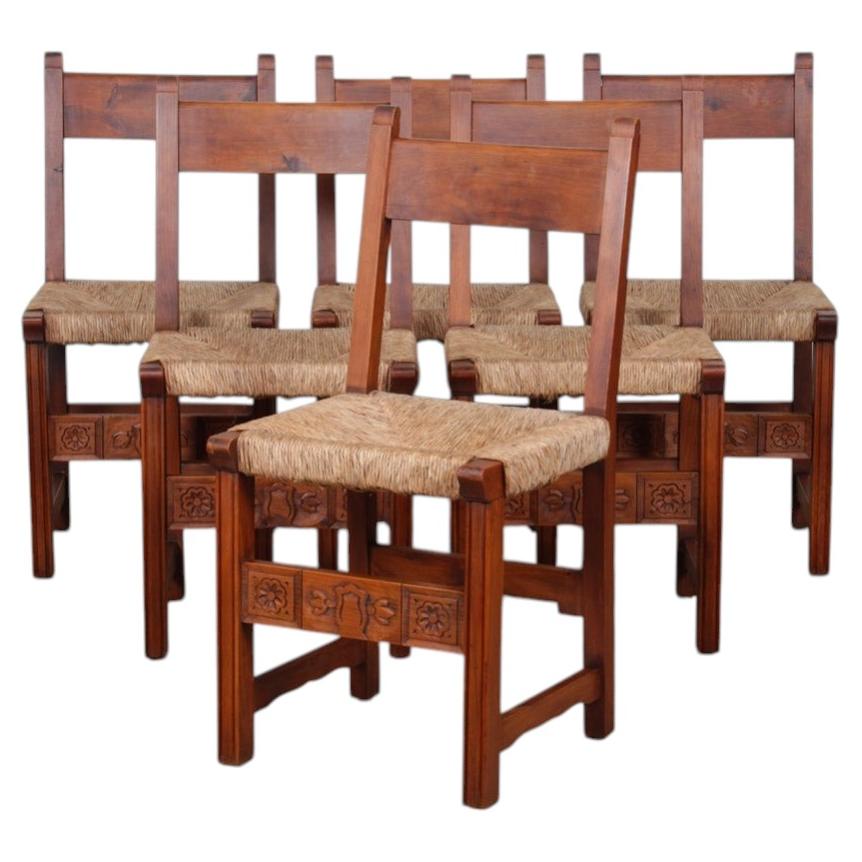 6er-Set Holz-Korbstühle, französische Handwerkskunst, 1950