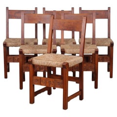6er-Set Holz-Korbstühle, französische Handwerkskunst, 1950