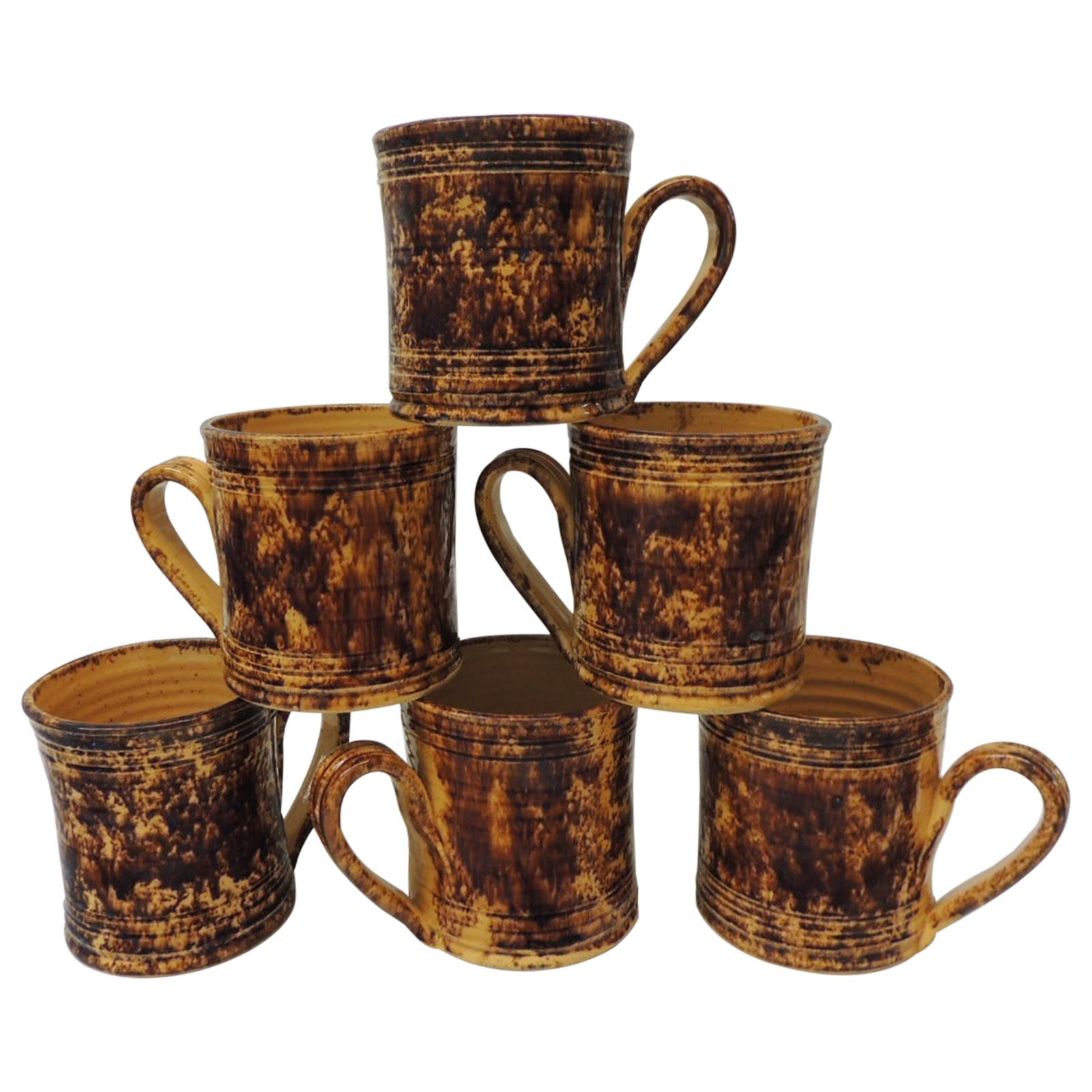 Set of '6' Yellow and Brown Spongeware Handmade Mugs For Sale at 1stDibs