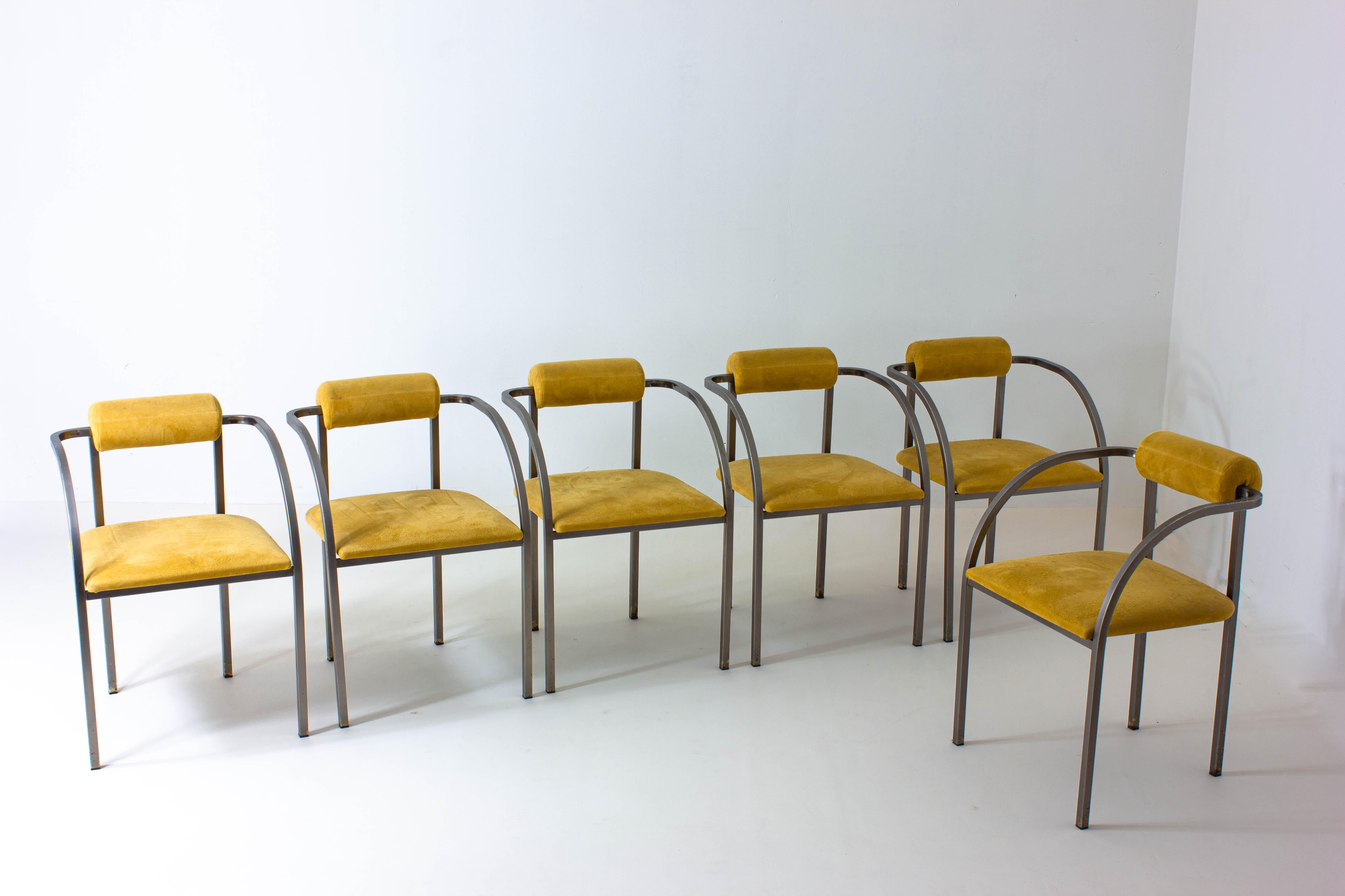 Hollywood Regency Set of 6 yellow dining chairs by Belgochrom, 1980s