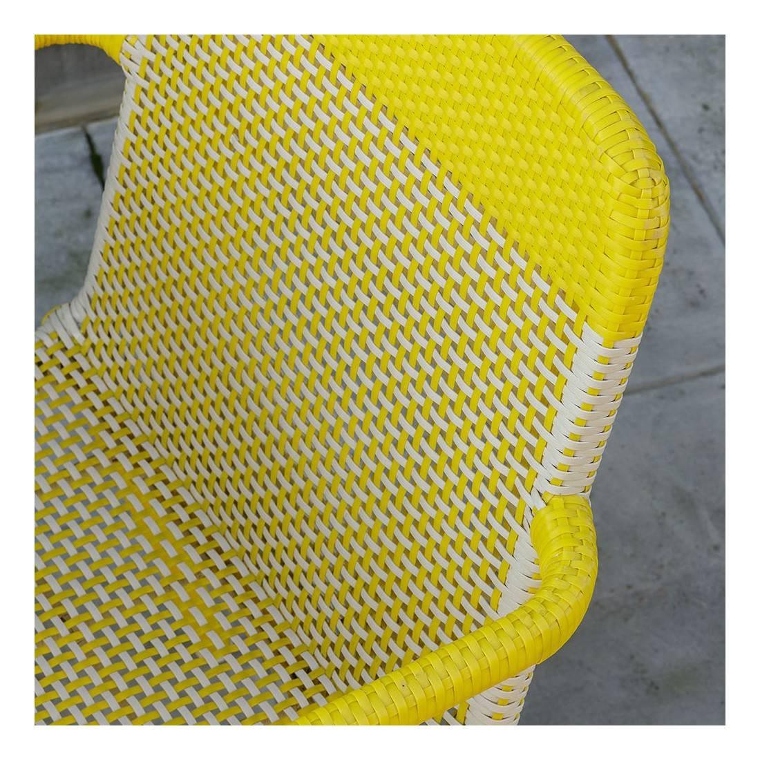 Set of six yellow and warm white braided resin armchairs indoor/outdoor. They will be perfect on your terrace, in your veranda, your winter garden, even around the dining table! Design, retro style, practical (stackable !) never used.