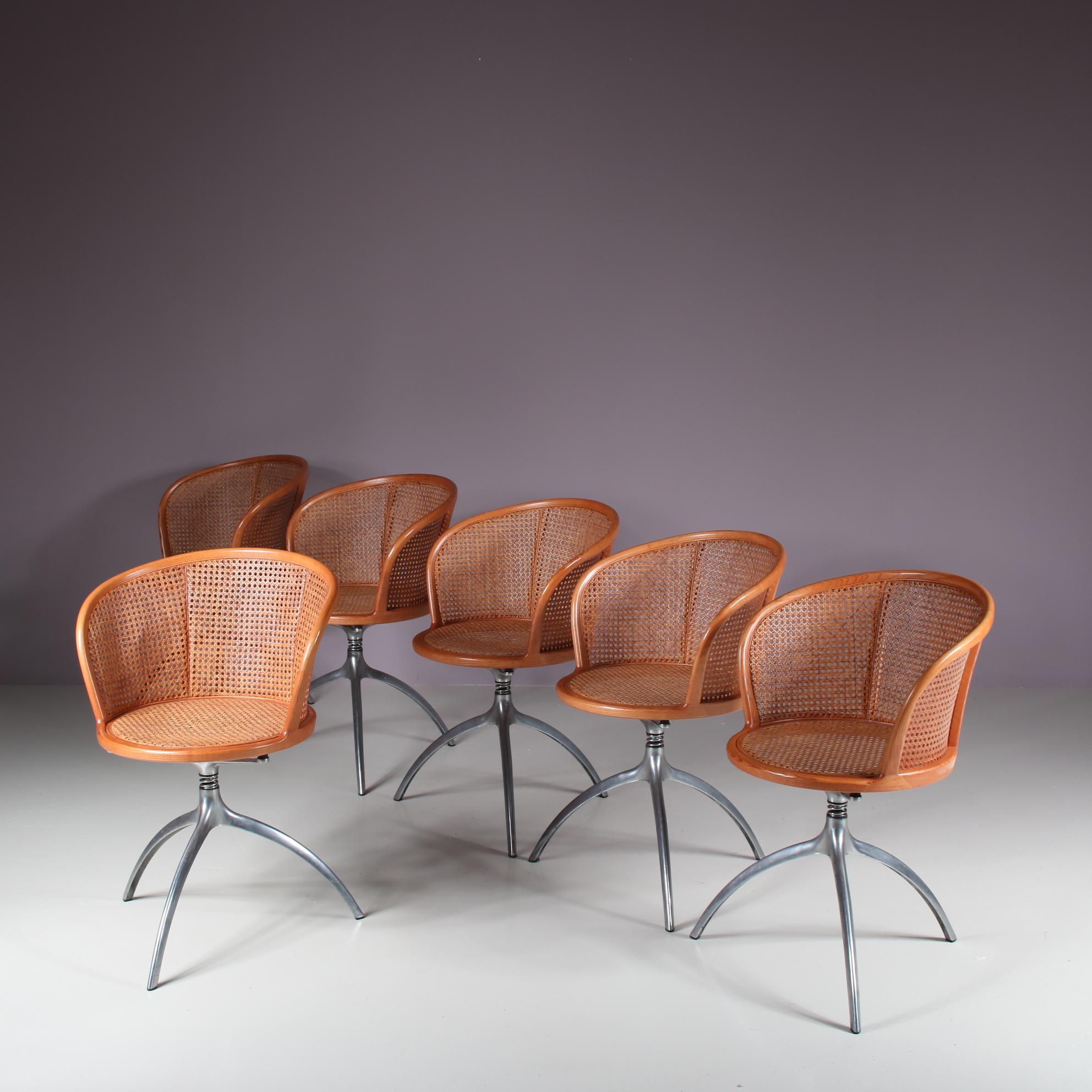 A fantastic set of six chairs, model 901 also known as the “Young Lady” chairs, designed by Paolo Rizzato and manufactured by Alias in Italy 1990.

These eye-catching chairs have three legged chrome plated metal frames in a beautiful elegant shape.
