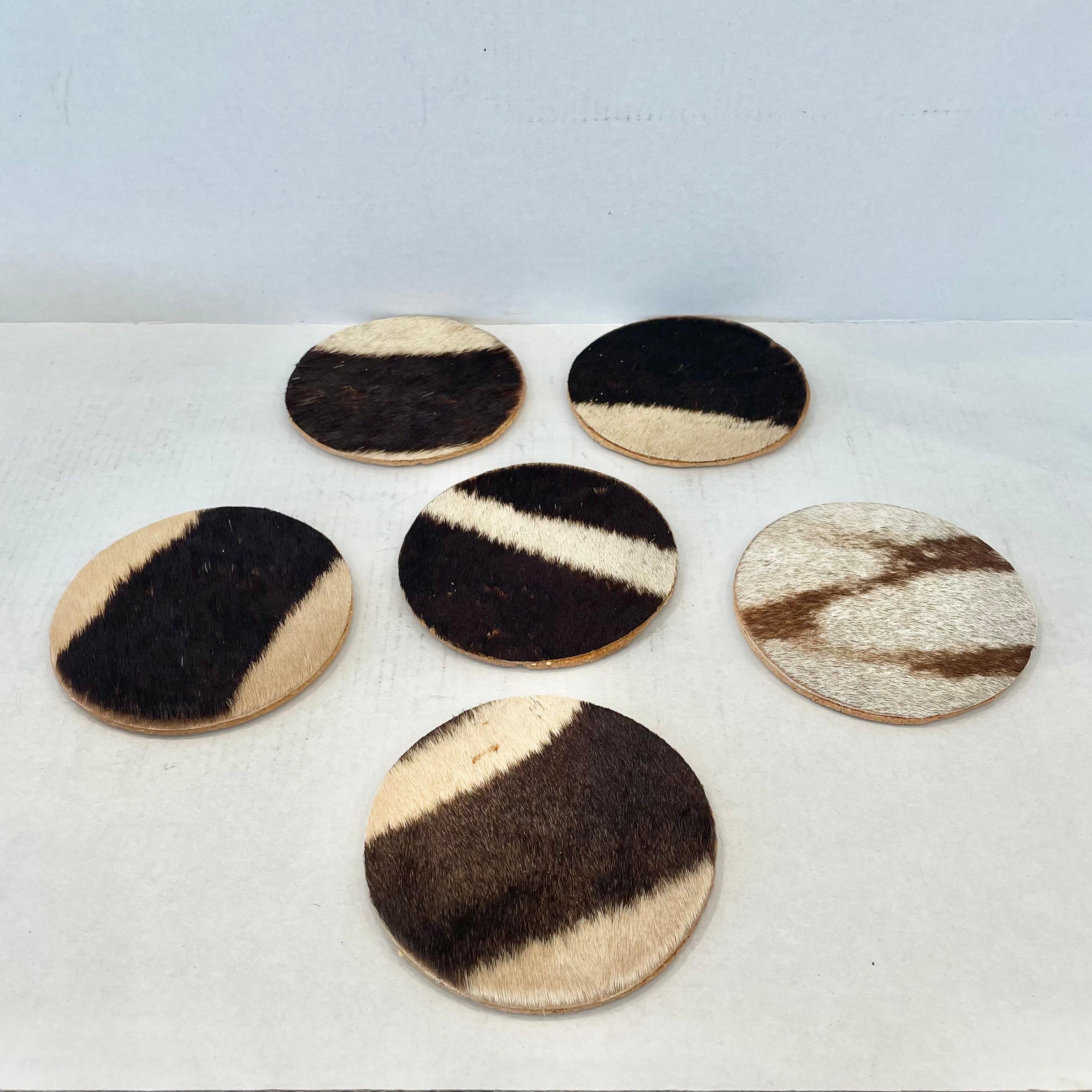 Unique zebra hide coasters with great coloring and in good vintage condition. Cork base is sealed to the hide. Each coaster has slightly different coloring and pattern. Sold as a set of 6 coasters.