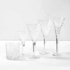 Set of 60 Modernist Etched Crystal Glasses by Stuart with Neoclassical Detailing