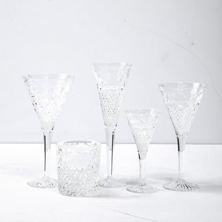 English Set of 60 Modernist Etched Crystal Glasses by Stuart with Neoclassical Detailing For Sale