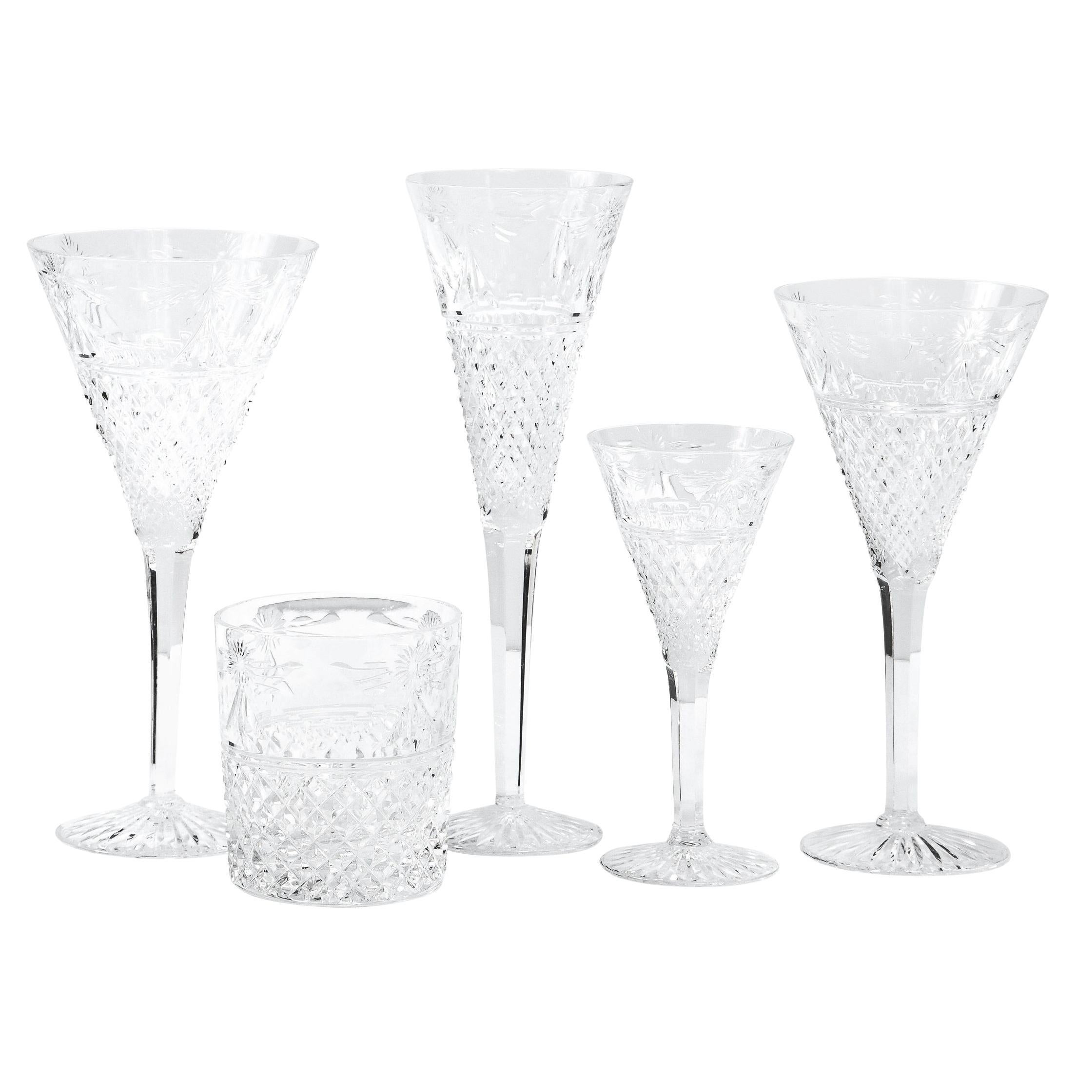 Set of 60 Modernist Etched Crystal Glasses by Stuart with Neoclassical Detailing For Sale