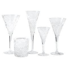 Set of 60 Modernist Etched Crystal Glasses by Stuart with Neoclassical Detailing