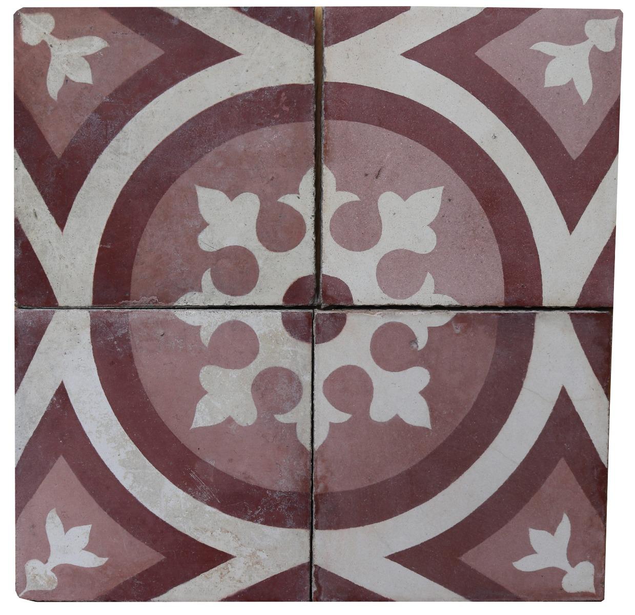 A batch of 60 reclaimed encaustic cement floor tiles. These tiles will cover 2.4 m2 or 25 ft2.