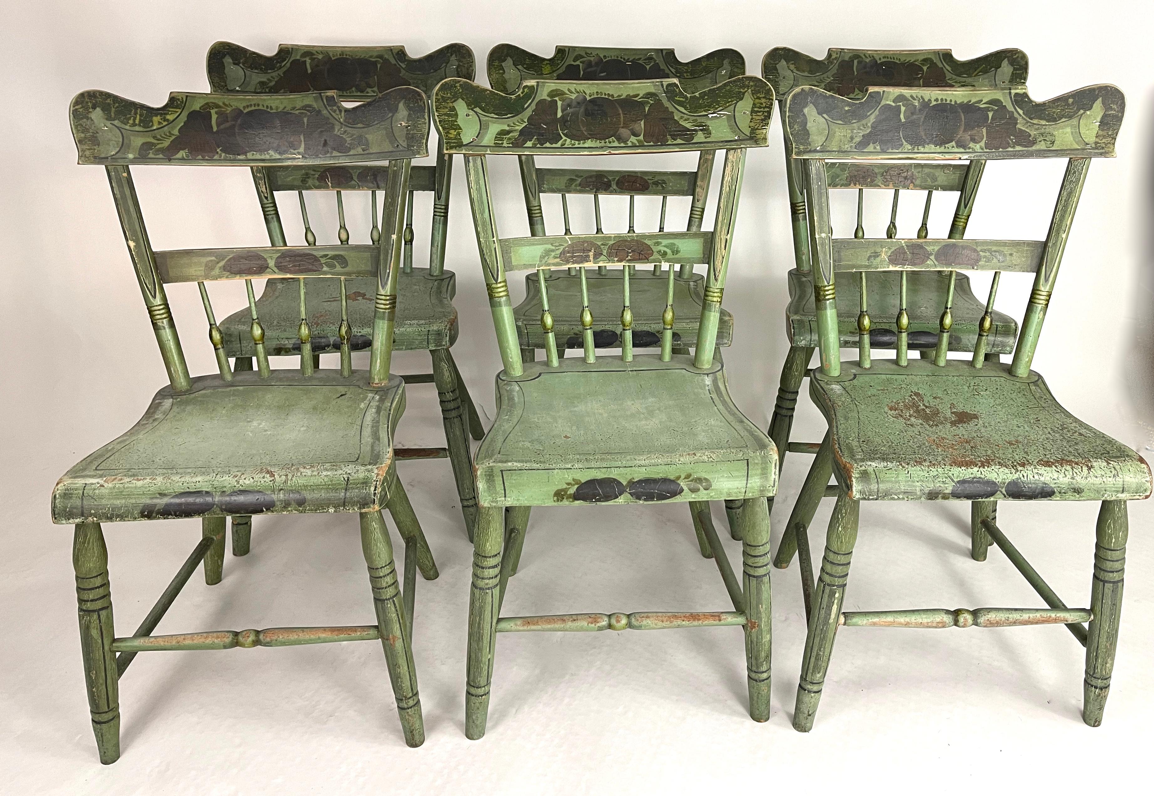 Set of 6 19th Century American Country Green Painted Dining Chairs, c. 1820-30 12