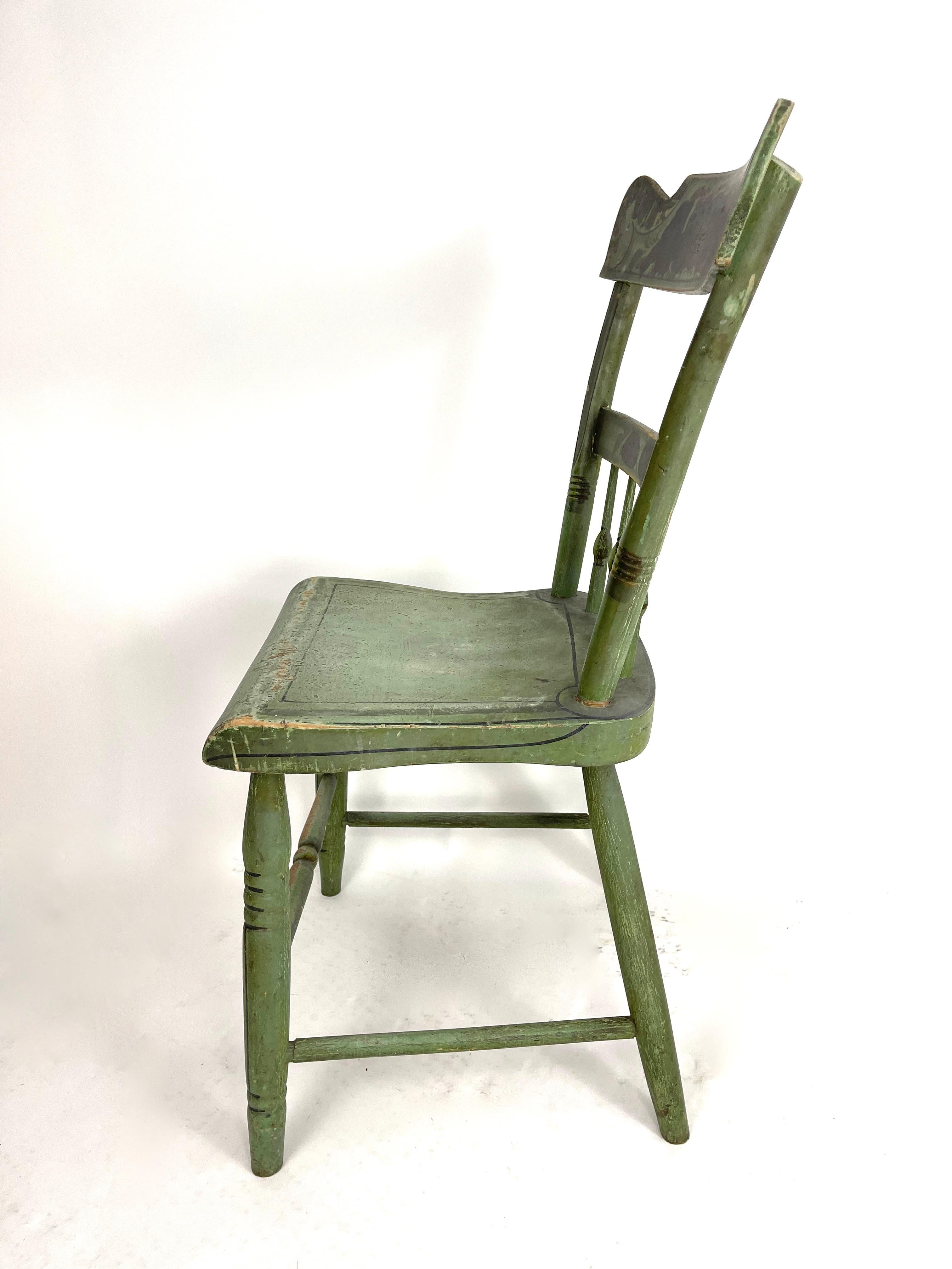 Early 19th Century Set of 6 19th Century American Country Green Painted Dining Chairs, c. 1820-30