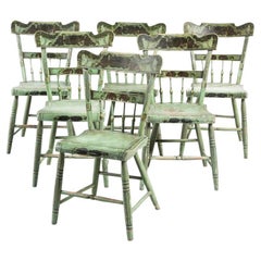 Antique Set of 6 19th Century American Country Green Painted Dining Chairs, c. 1820-30