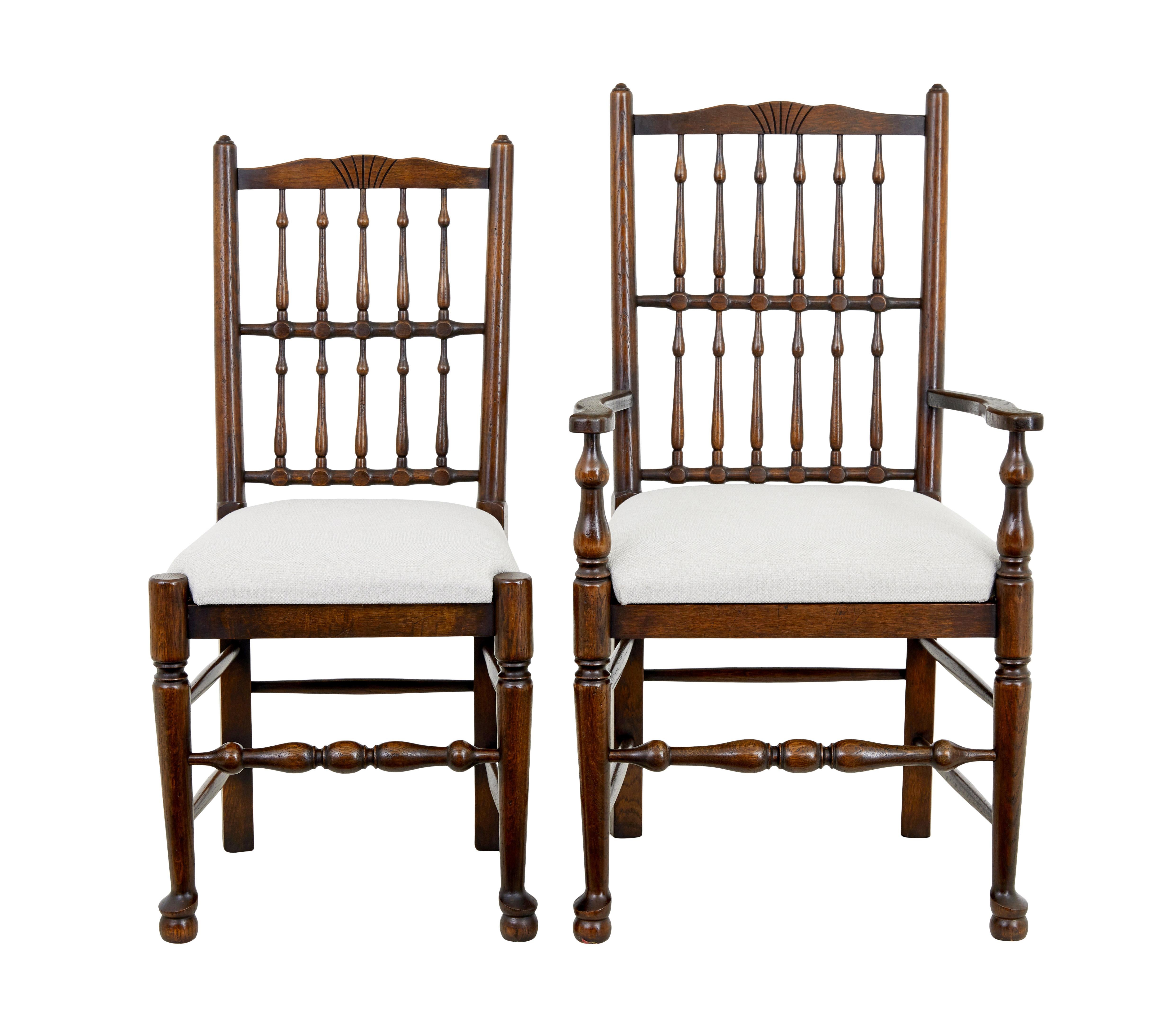 Set of 6+2 oak spindle back dining chairs circa 1990.

Good quality set of English made oak dining chairs.  Set comprises of 2 carver's and 6 single chairs.  Shaped back's with turned back rest detailing.  Standing on a front turned leg with pad