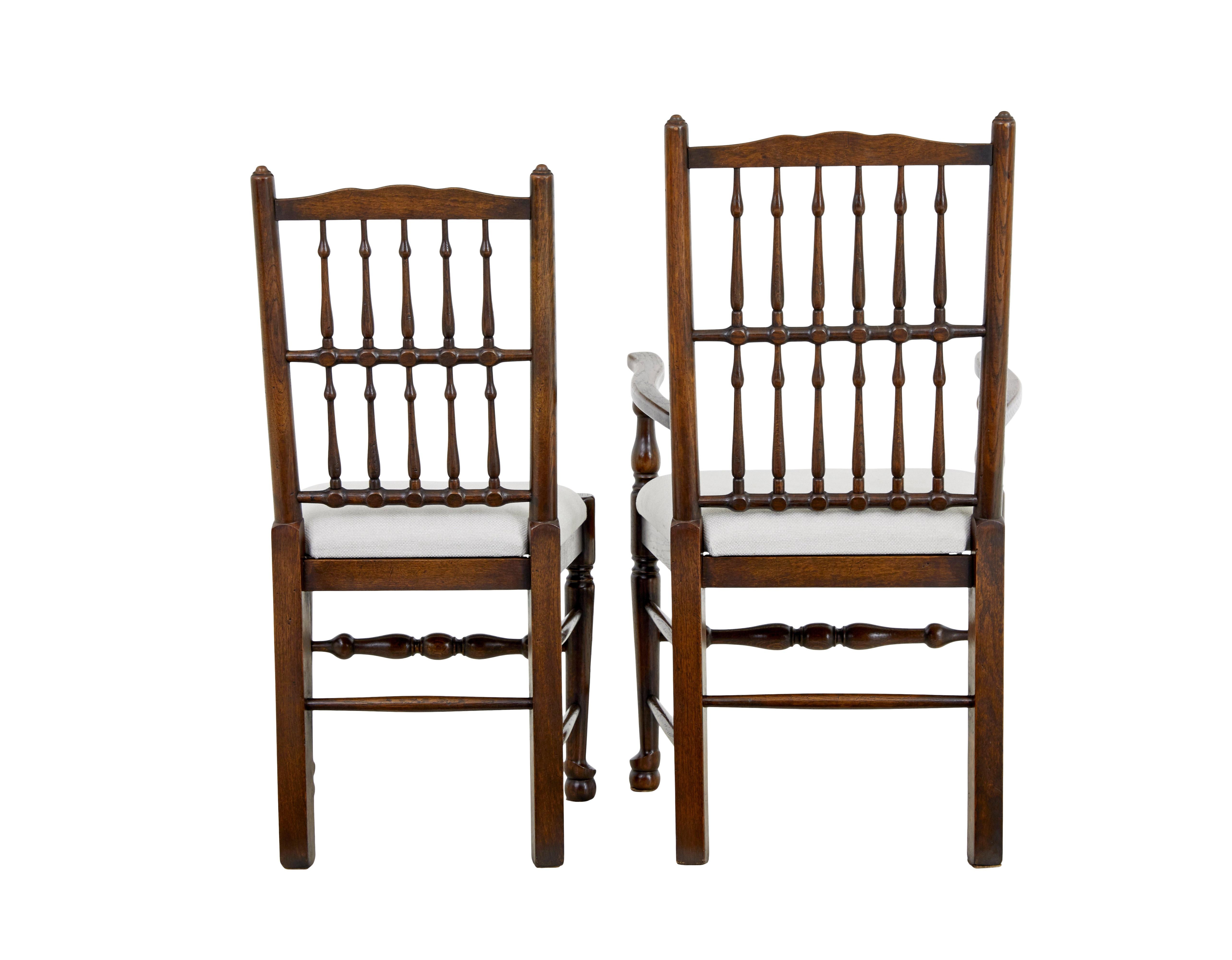 Hand-Carved Set of 6+2 oak spindle back dining chairs