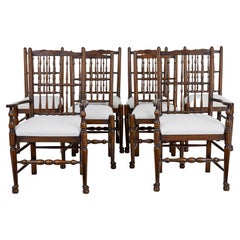 Vintage Set of 6+2 oak spindle back dining chairs