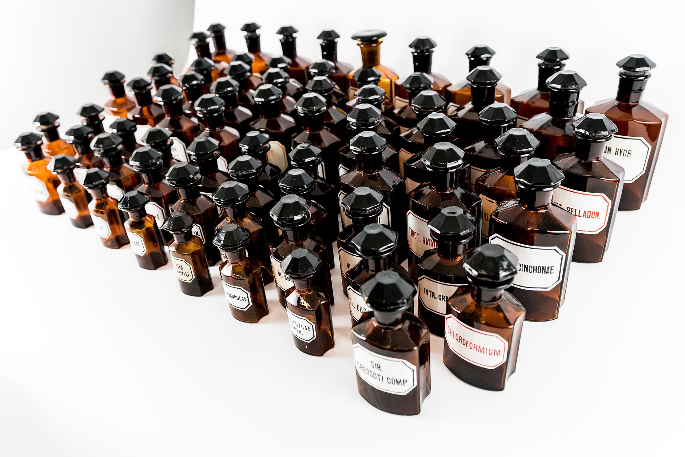 Set Of 67 Vintage Amber Apothecary Bottles, Europe For Sale 2