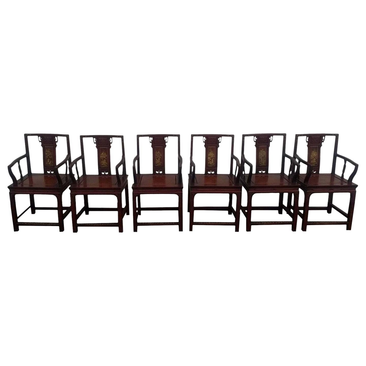 Set of 6x Antique Chinese Asian Dining Armchairs, 1900