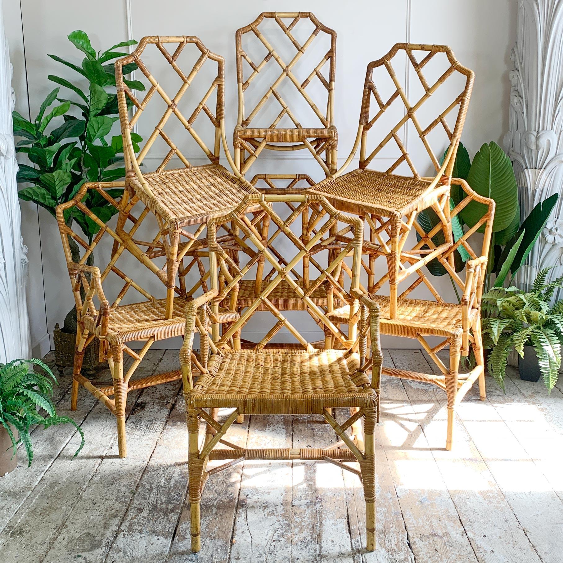 A rare set of seven bamboo chairs with rattan wrap by the Angraves company of Thurmaston, Leicester. Dating to the 1950’s this beautiful set of Chippendale style chairs comprises four carver and three dining chairs. Every chair is overall in super