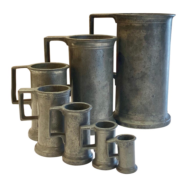 Set of 7 Antique French Pewter Signed Graduated Measuring Tankards