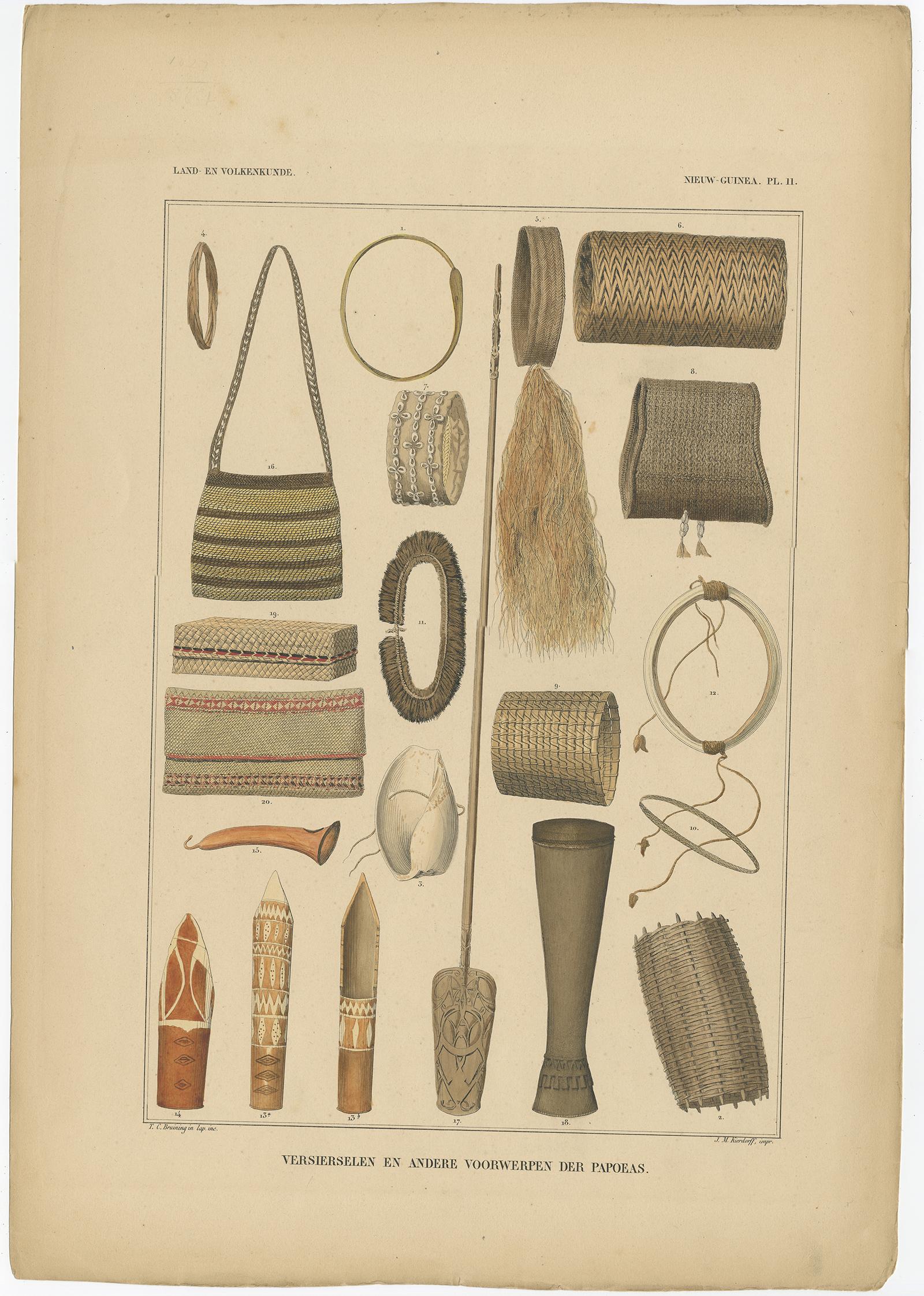 Conjunto de 7 Grabados Decorativos Antiguos de la Cultura de Borneo, Timor y Papúa, ca. 1840 en Bueno estado para la venta en Langweer, NL