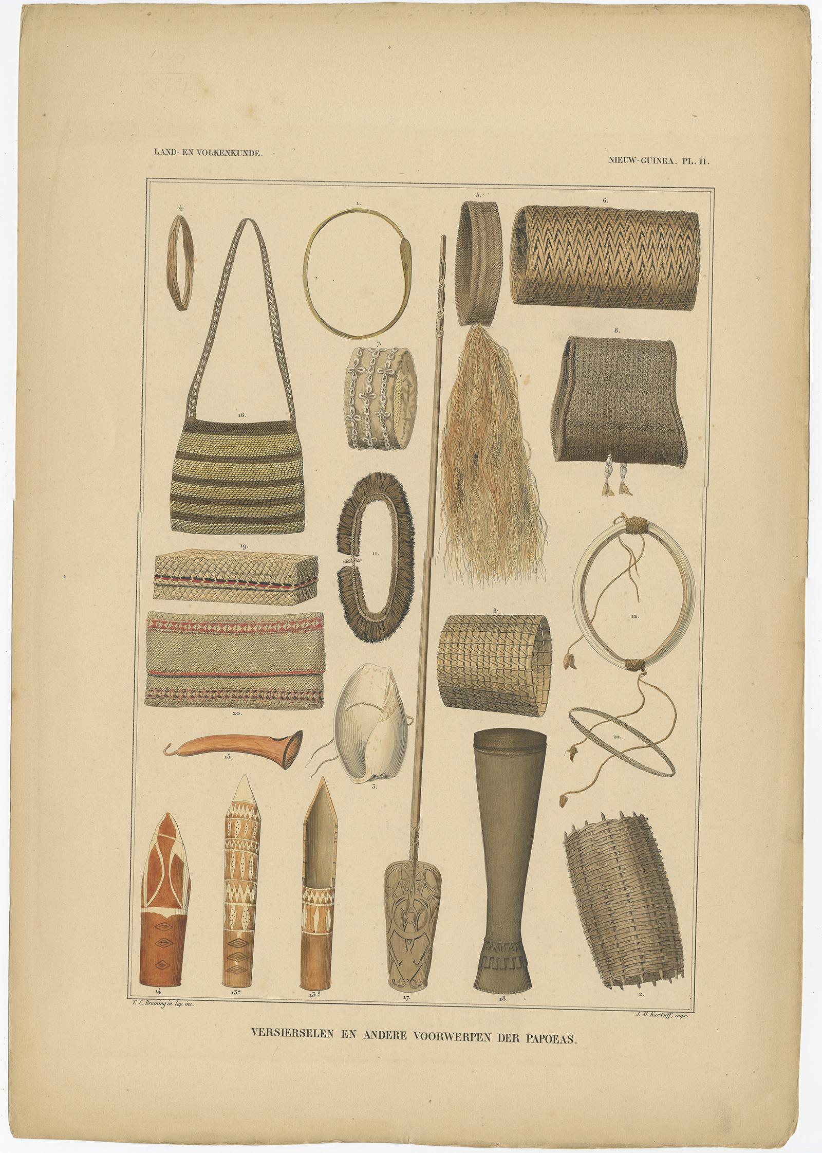 Set of 7 Decorative Antique Prints of Borneo, Timor and Papua Culture, ca. 1840 In Good Condition For Sale In Langweer, NL