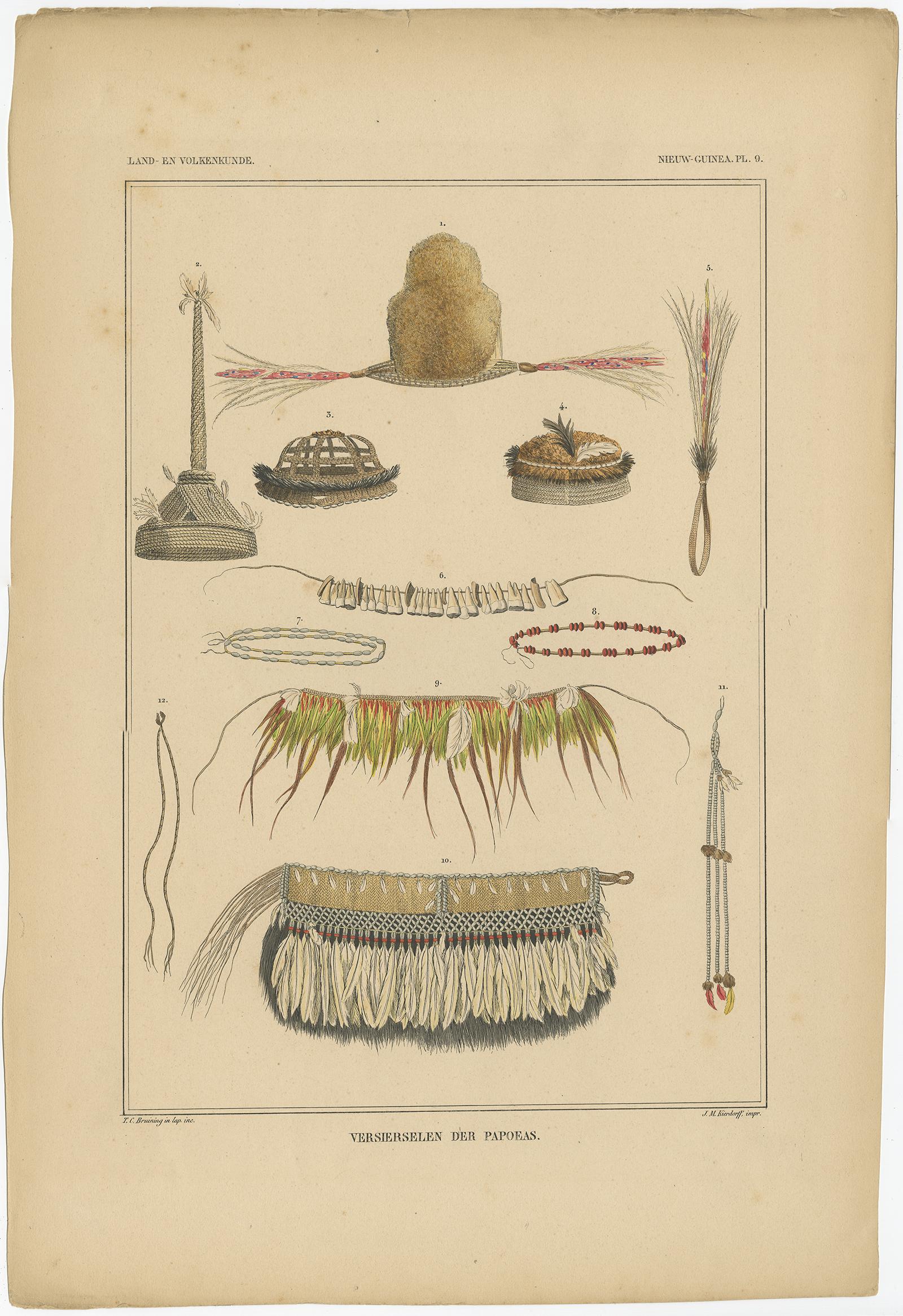 Conjunto de 7 Grabados Decorativos Antiguos de la Cultura de Borneo, Timor y Papúa, ca. 1840 siglo XIX en venta
