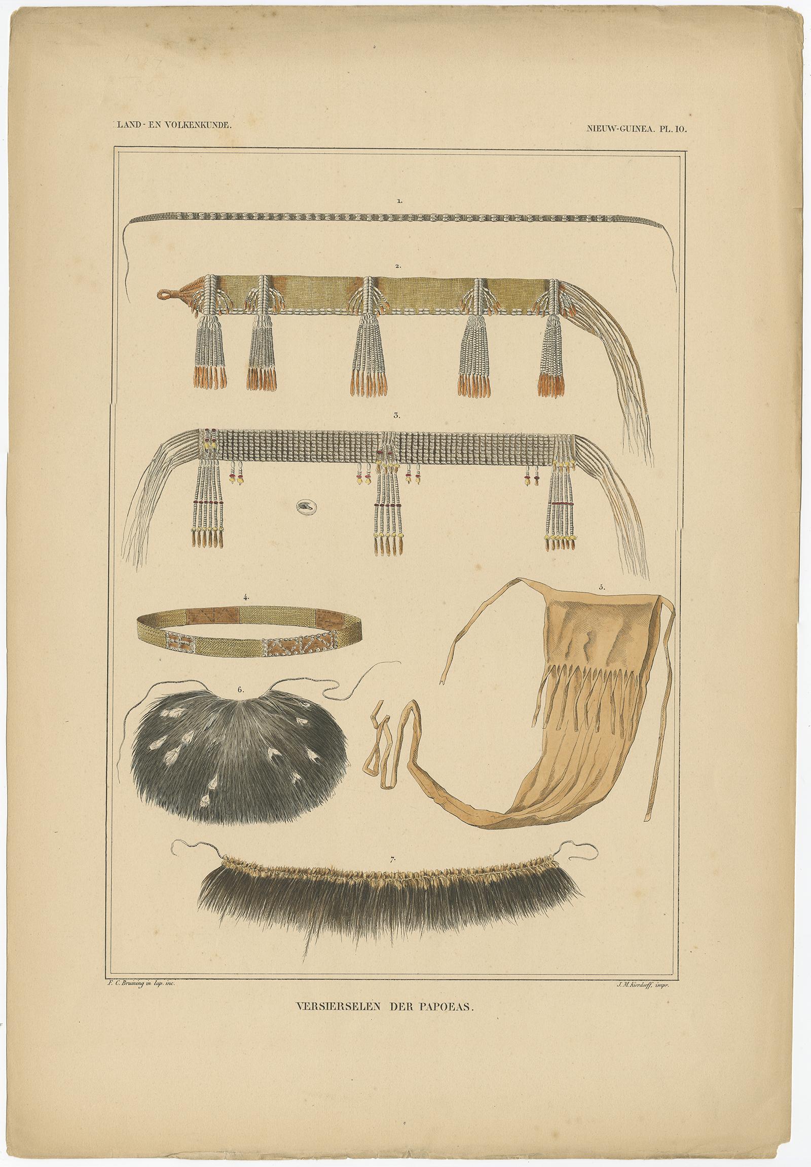 Set of 7 Decorative Antique Prints of Borneo, Timor and Papua Culture, ca. 1840 For Sale 2