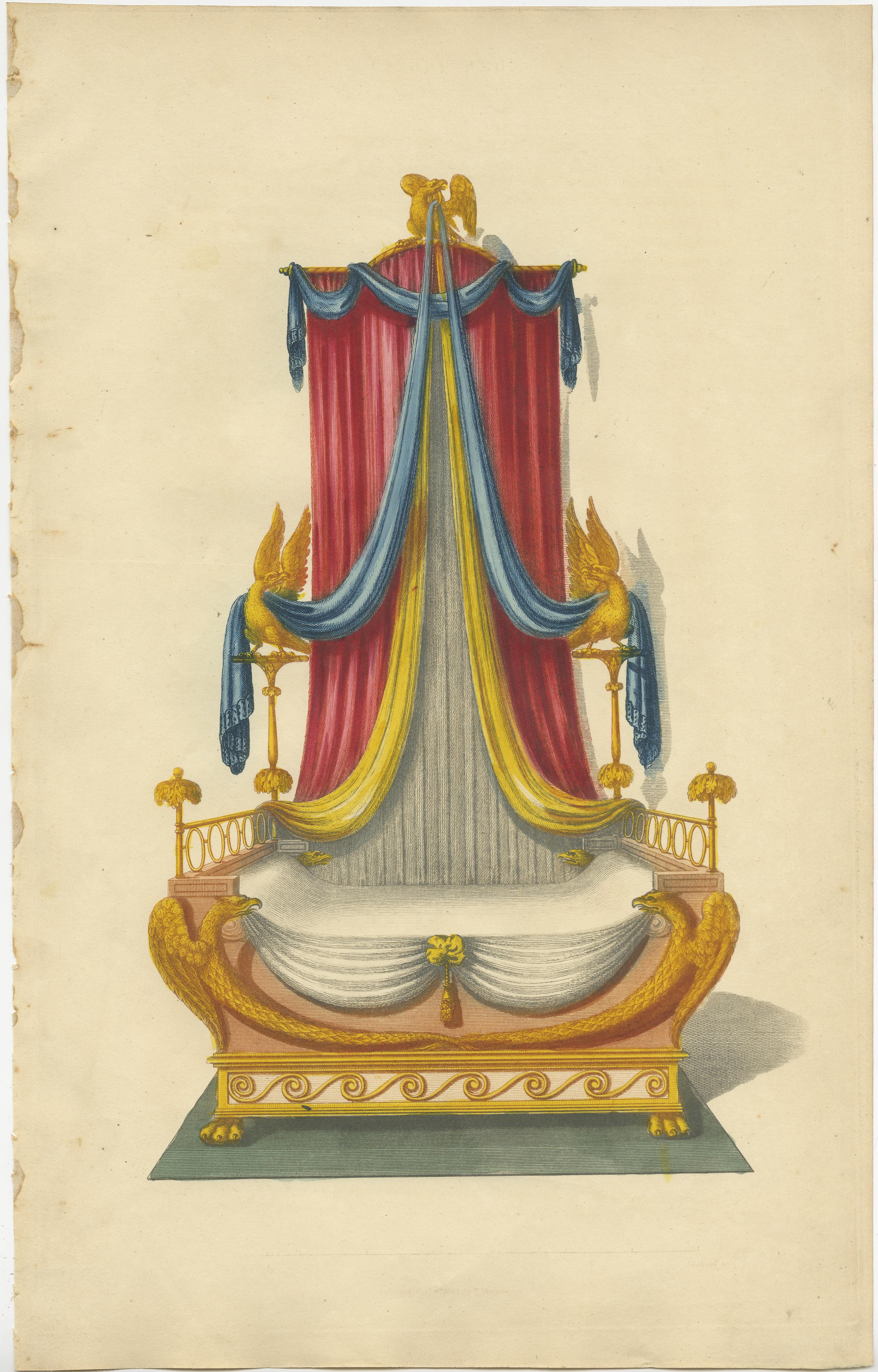Set of seven antique prints of beds with drapery. These prints originate from 'The General Artist's Encyclopaedia' by Thomas Sheraton. Published 1803-1805.