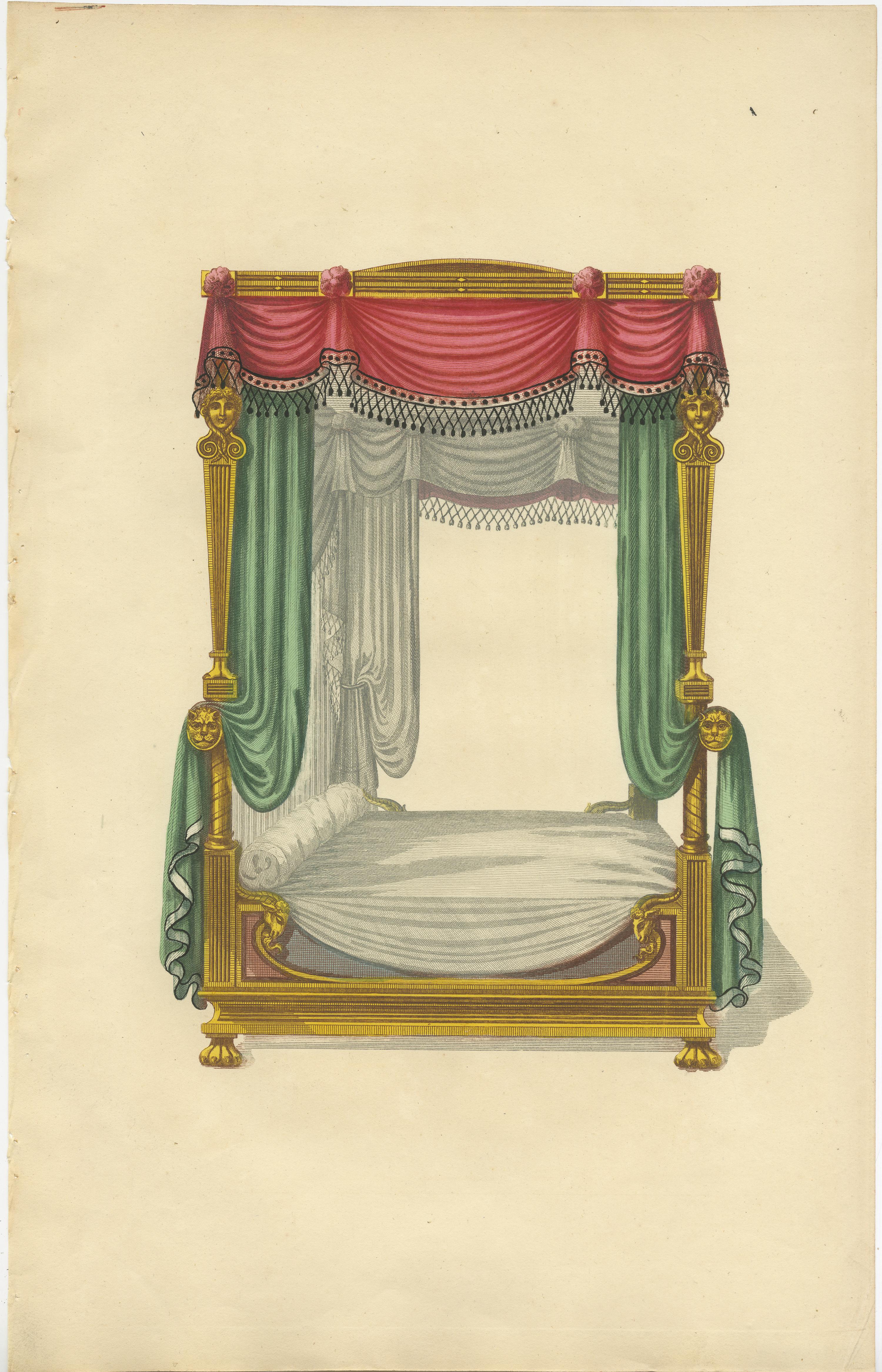 Set of 7 Antique Prints of Beds with Drapery by Sheraton '1805' In Good Condition For Sale In Langweer, NL