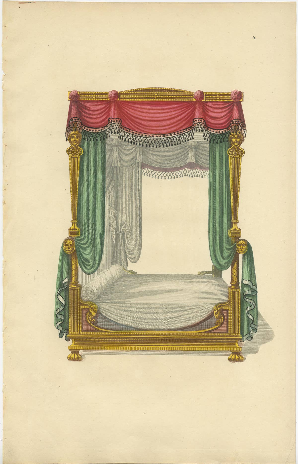 Set of 7 Antique Prints of Beds with Drapery by Sheraton '1805'