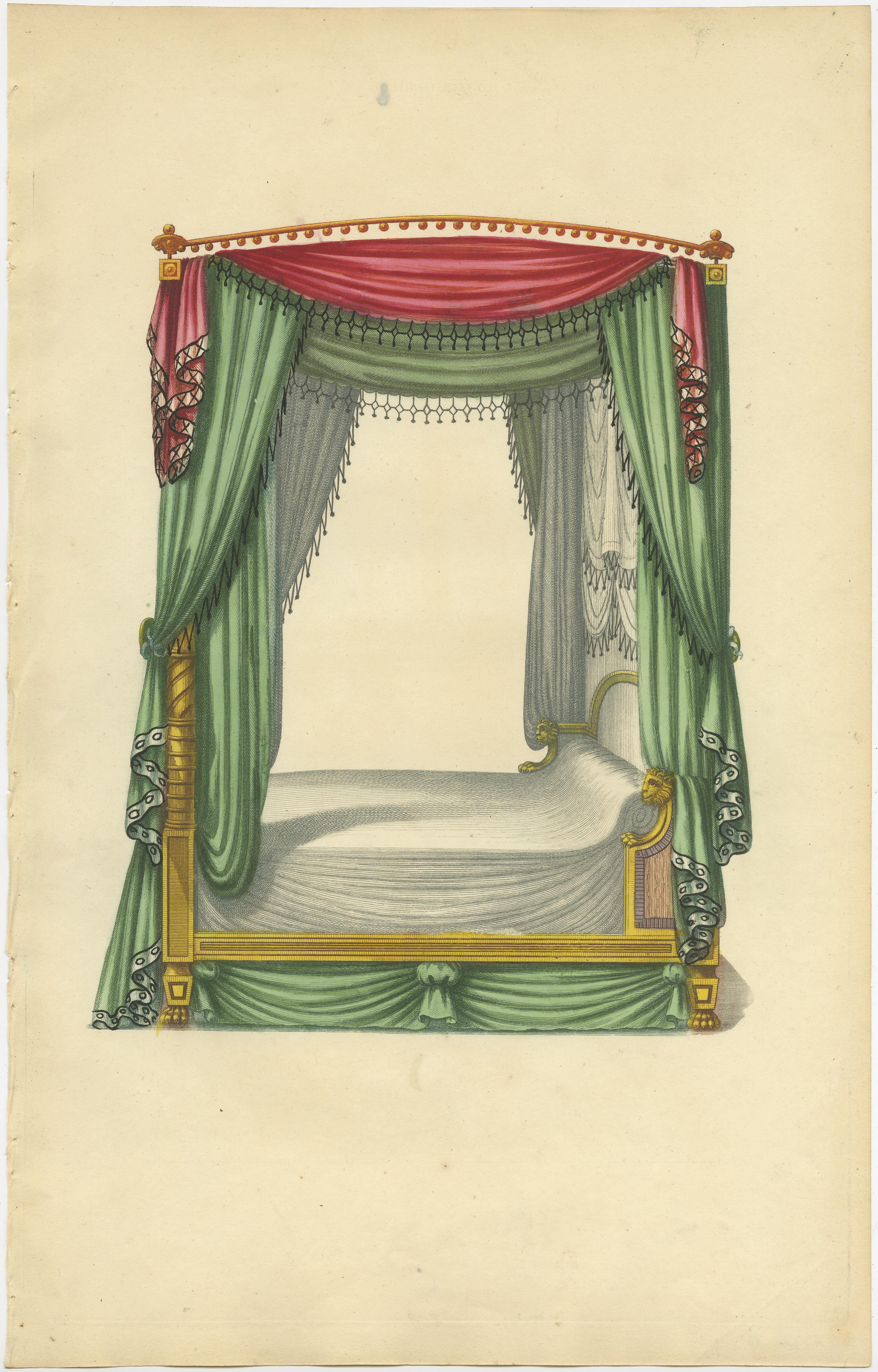 19th Century Set of 7 Antique Prints of Beds with Drapery by Sheraton '1805' For Sale