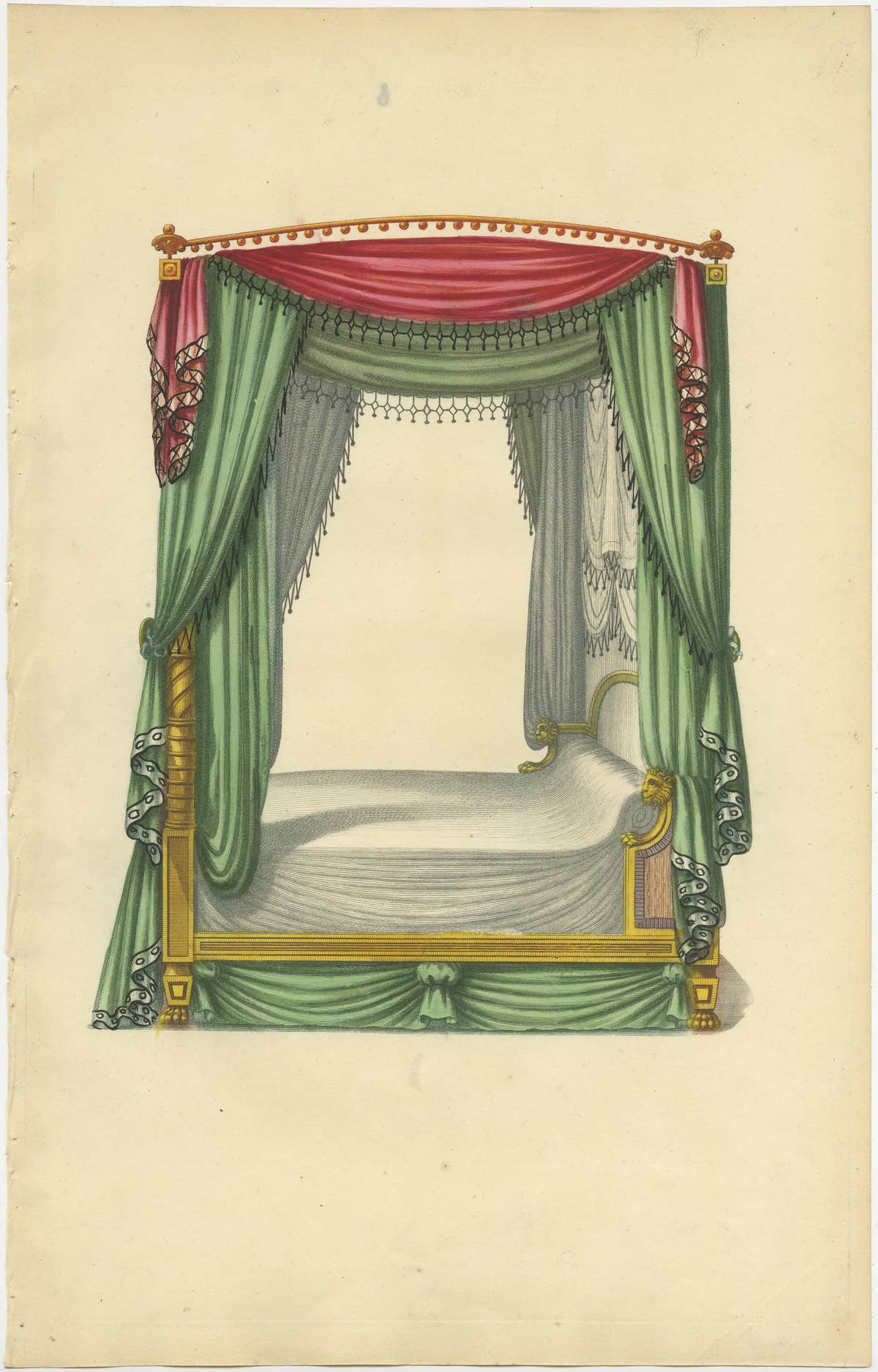 Set of 7 Antique Prints of Beds with Drapery by Sheraton '1805'