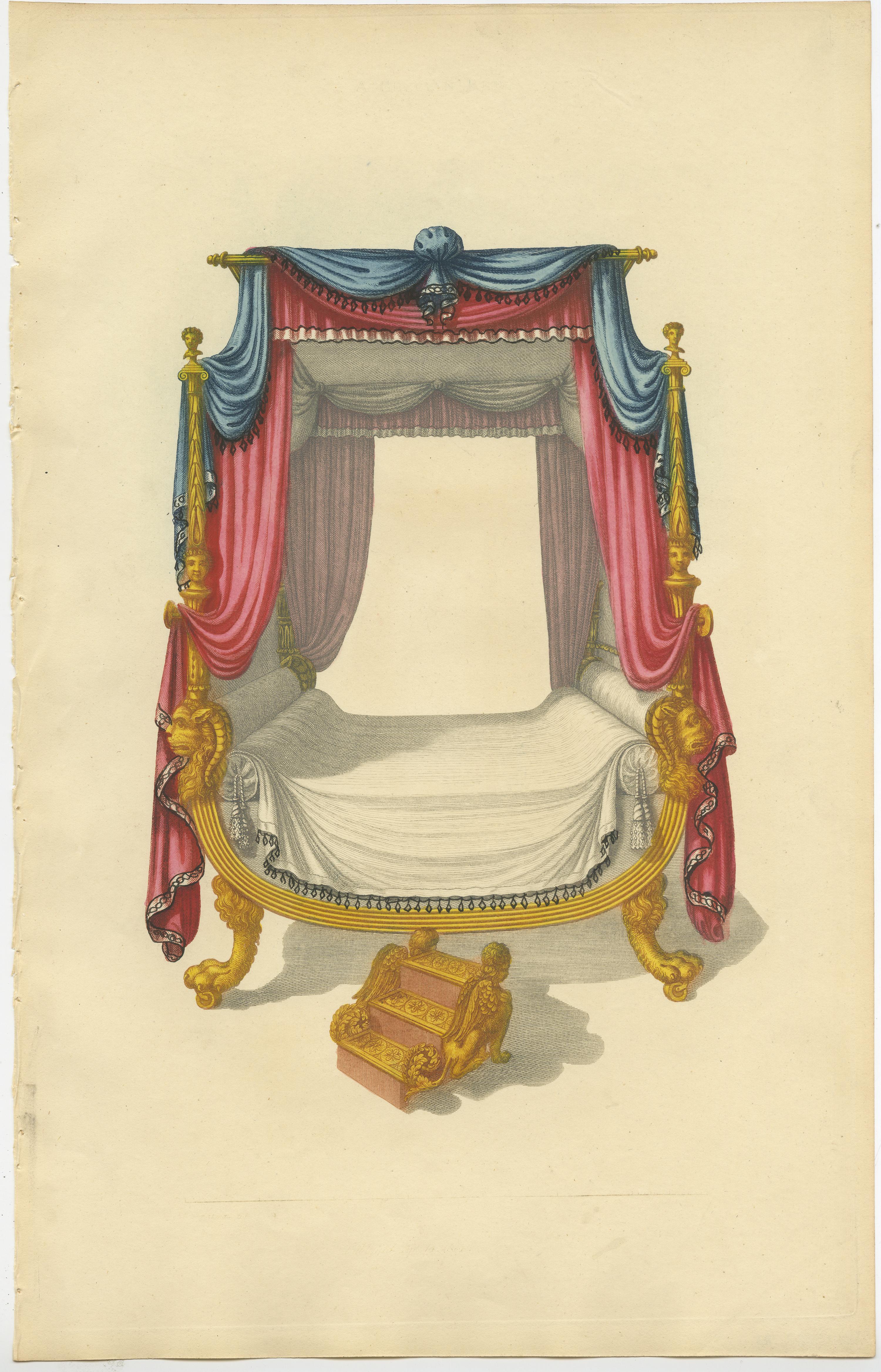 Paper Set of 7 Antique Prints of Beds with Drapery by Sheraton '1805' For Sale