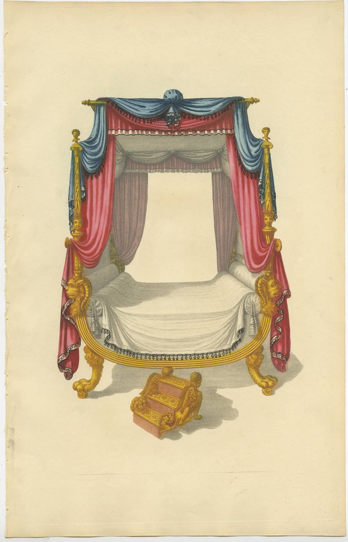 Set of 7 Antique Prints of Beds with Drapery by Sheraton '1805'